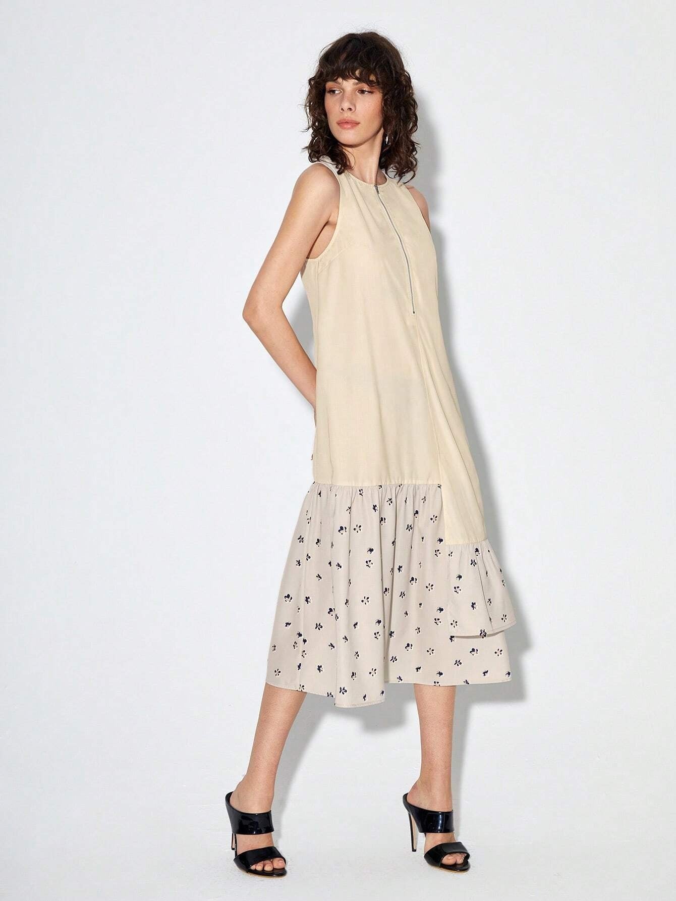 CM-DS908098 Casual Seoul Style Sleeveless Ditsy Floral Ruffle Hem Smock Dress - Apricot