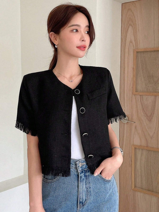 CM-TS199329 Women Casual Seoul Style Solid Button Front Raw Hem Crop Blouse - Black