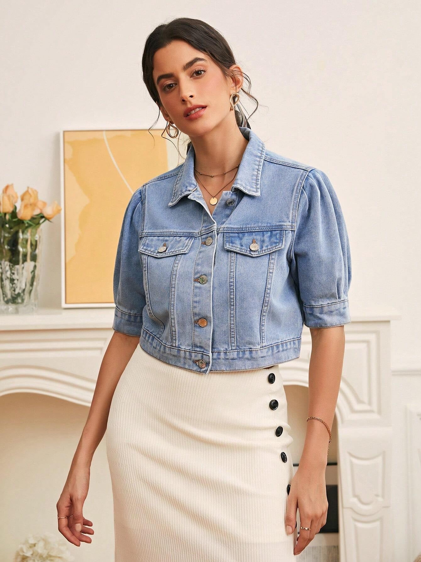 CM-CS629892 Women Casual Seoul Style Light Wash Flap Detail Button Front Denim Jacket