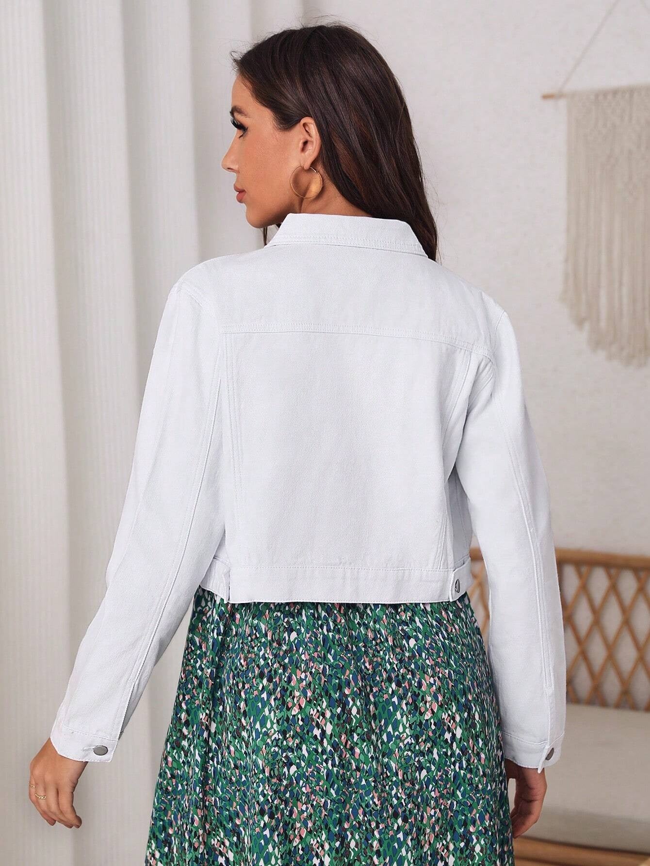 CM-CS204404 Women Casual Seoul Style Flap Pocket Crop Denim Jacket - White