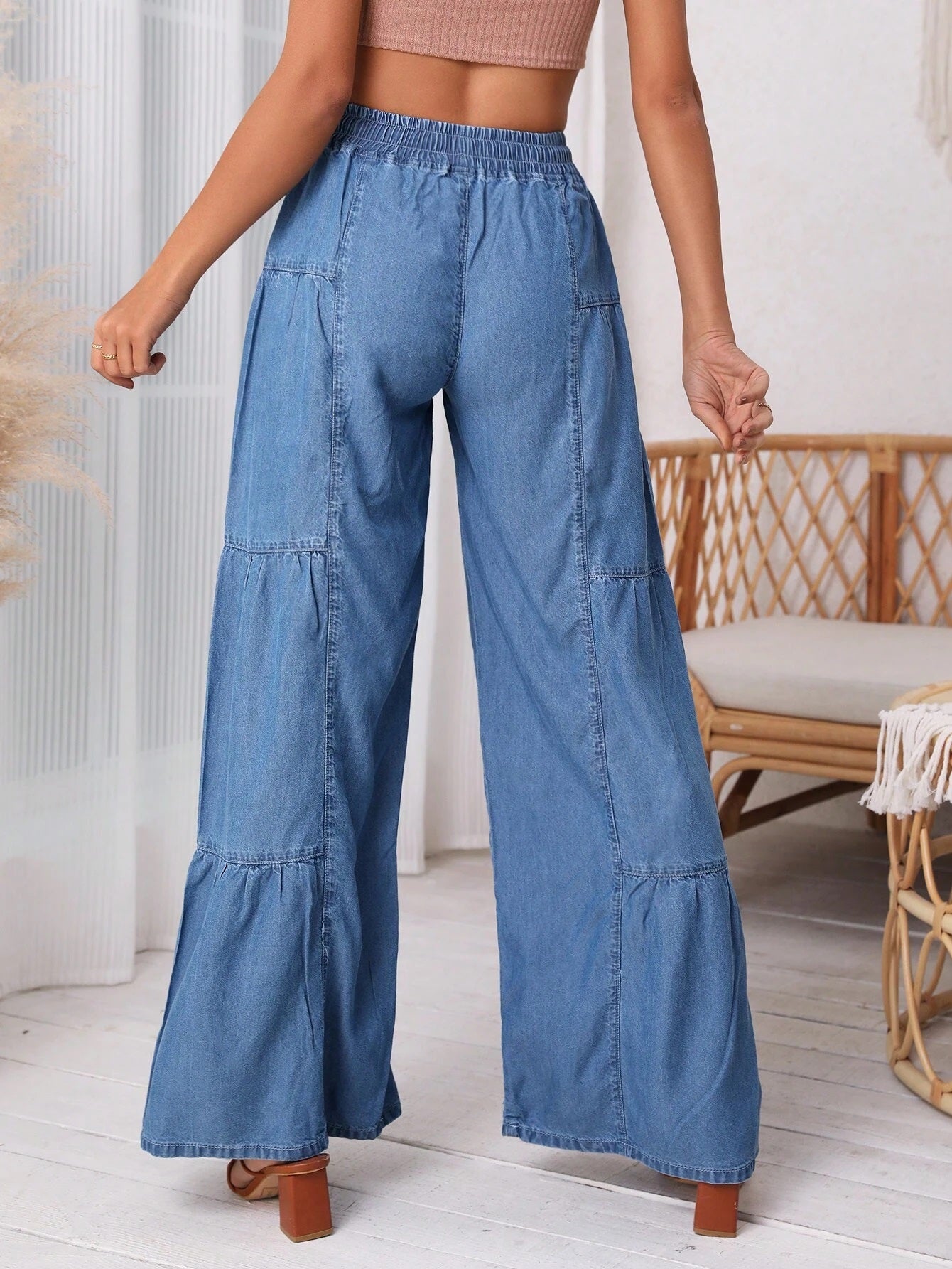 CM-BS853075 Women Casual Seoul Style Medium Wash Drawstring Waist Wide Leg Jeans