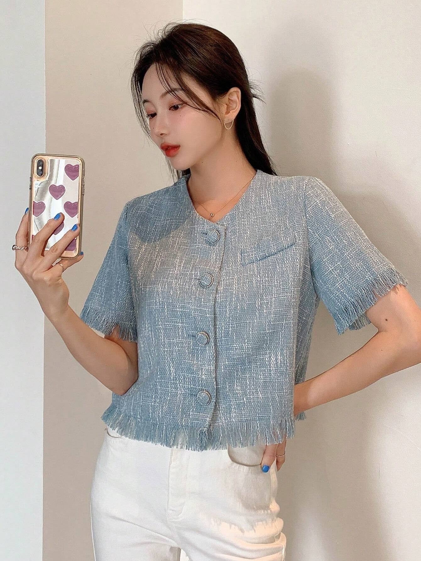 CM-TS652251 Women Casual Seoul Style Solid Button Front Raw Hem Crop Blouse - Dusty Blue