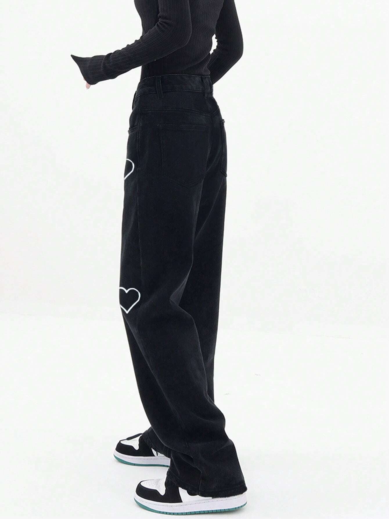 CM-BS499231 Women Casual Seoul Style High Waist Heart Print Wide Leg Jeans - Black
