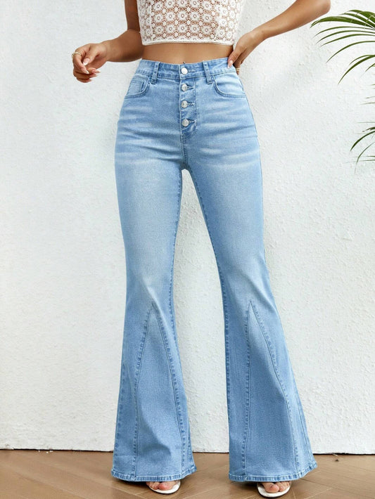 CM-BS416009 Women Preppy Seoul Style Light Wash Button Fly Flare Leg Jeans