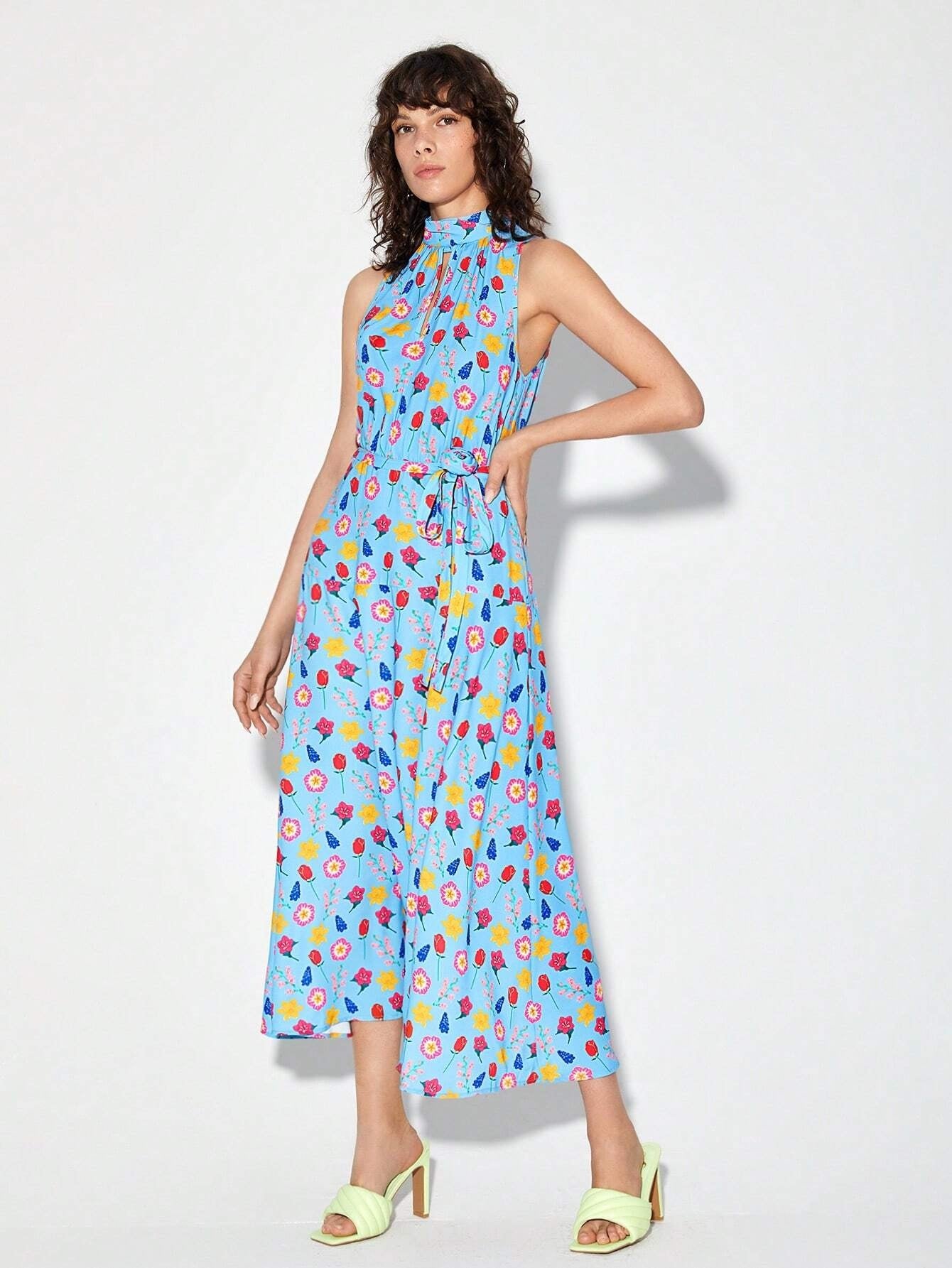 CM-DS611414 Women Trendy Bohemian Style Allover Print Mock Neck Belted Dress