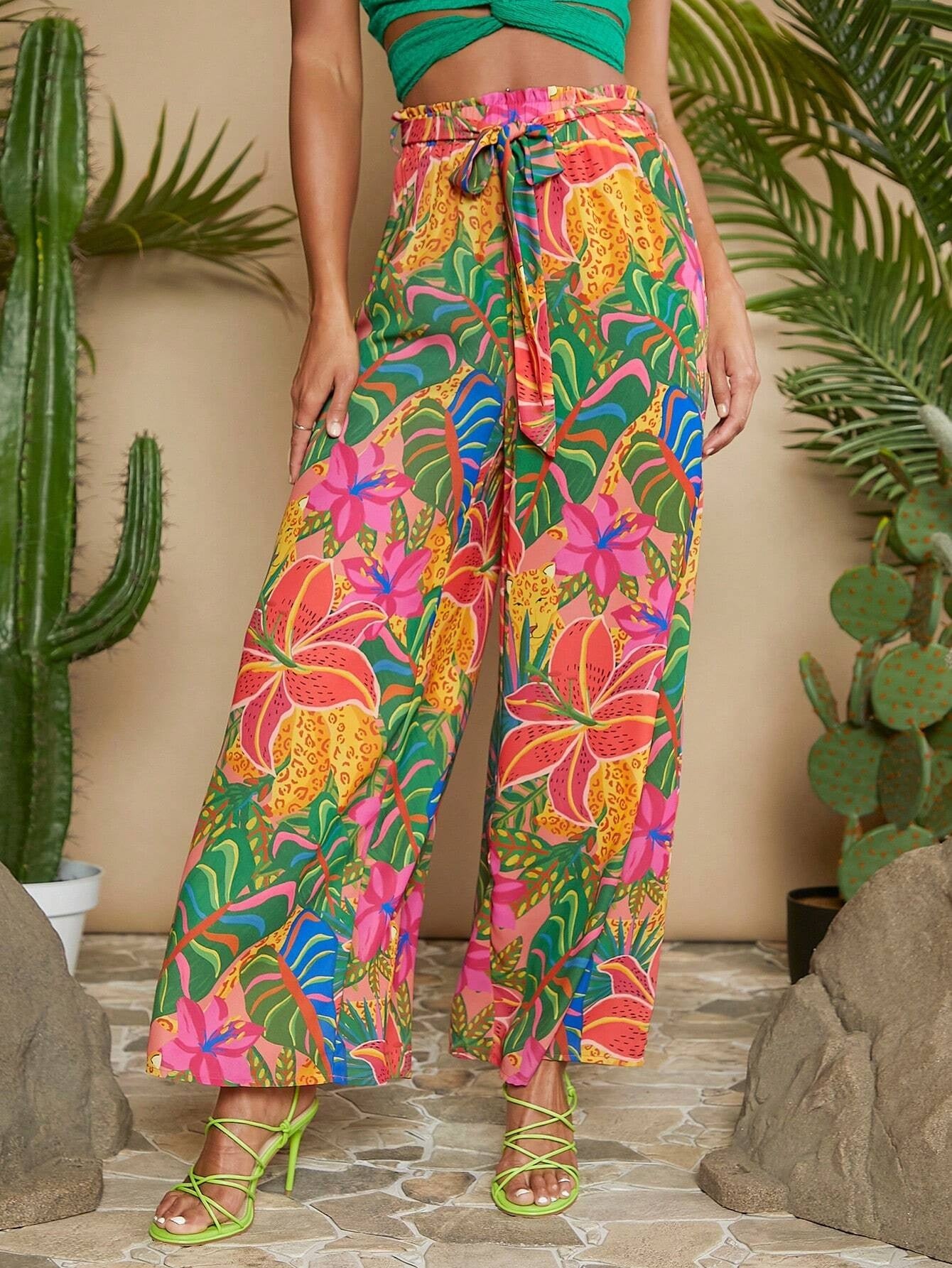CM-BS632636 Women Trendy Bohemian Style Tropical Print Belted Wide Leg Pants