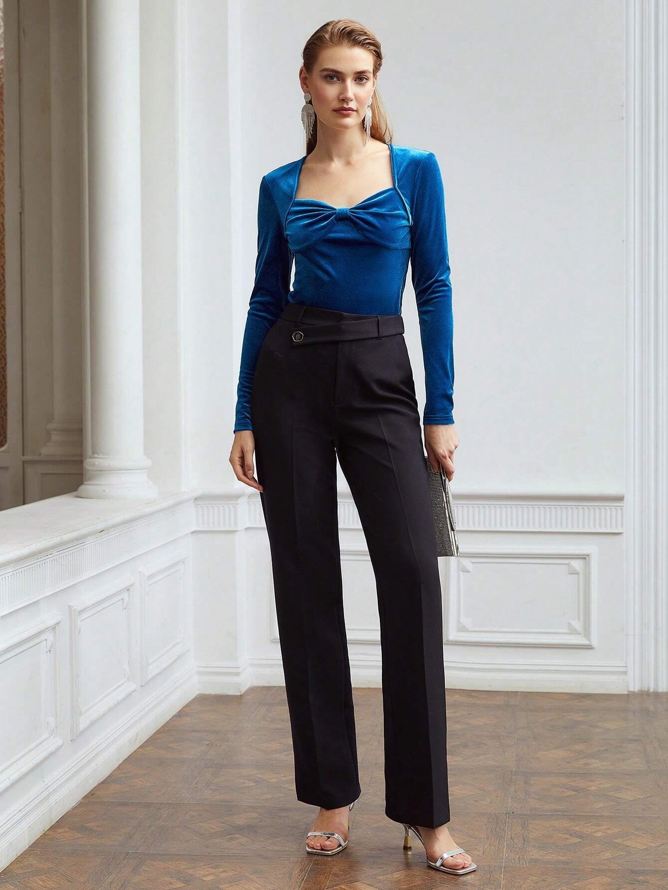CM-TS934075 Women Casual Seoul Style Velvet Sweetheart Neck Long Sleeve T-Shirt - Blue