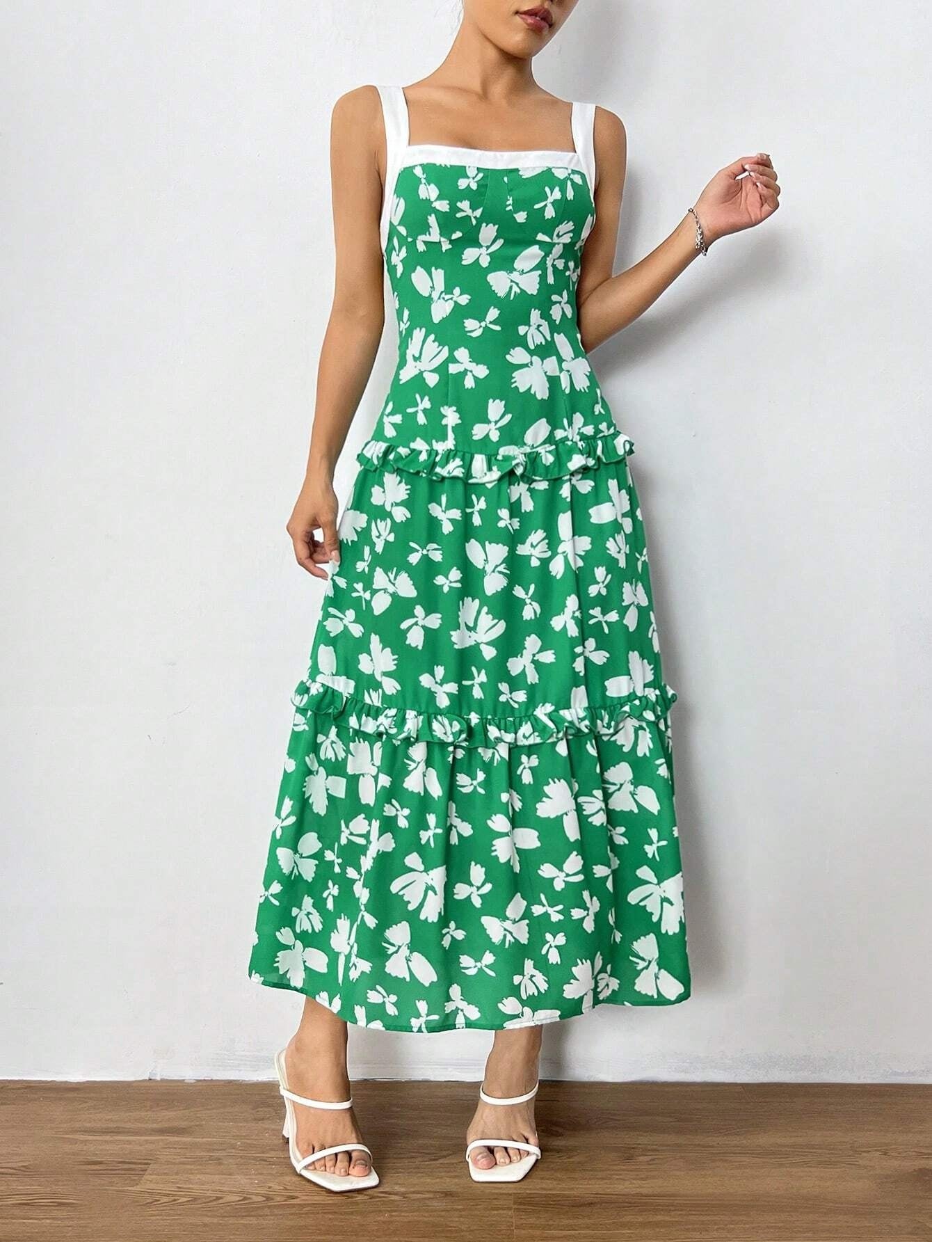 CM-DS977995 Women Casual Seoul Style Sleeveless Allover Print Ruffle Hem Dress