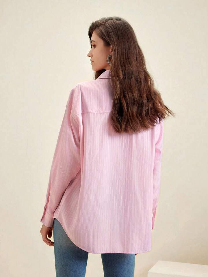 CM-TS839563 Women Casual Seoul Style Oversized Striped Diamond Decoration Shirt - Pink