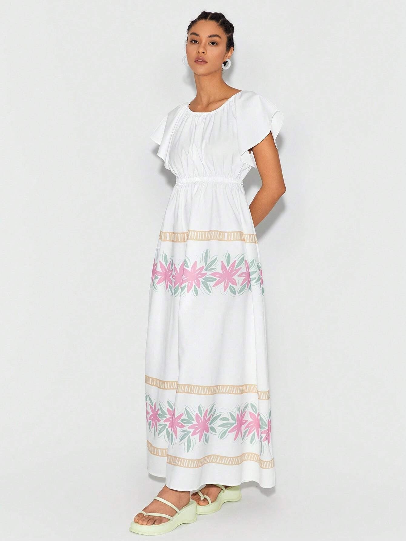 CM-DS655046 Women Trendy Bohemian Style Round Neck Floral Print Ruffle Trim Dress