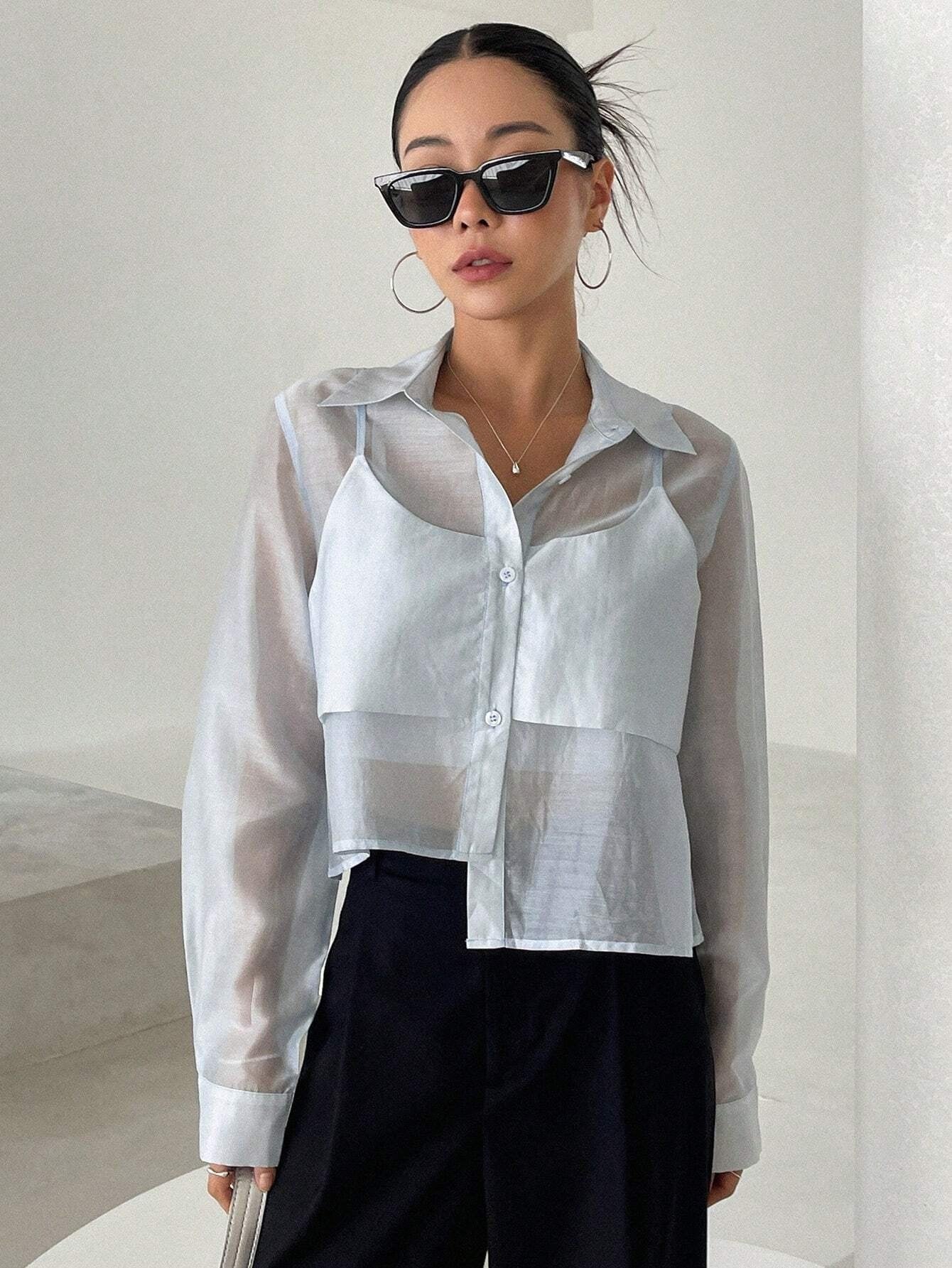 CM-TS399777 Women Casual Seoul Style Solid Button Front 2 In 1 Shirt - Baby Blue
