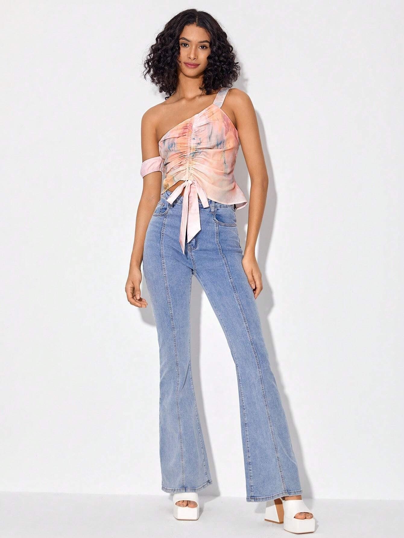 CM-TS157526 Women Casual Seoul Style Asymmetrical Neck Drawstring Ruched Front Crop Top