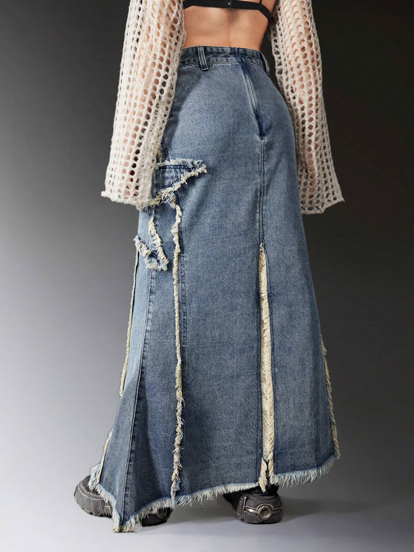 CM-BS491119 Women Preppy Seoul Style Punk Star Pattern Raw Trim Split Thigh Denim Skirt