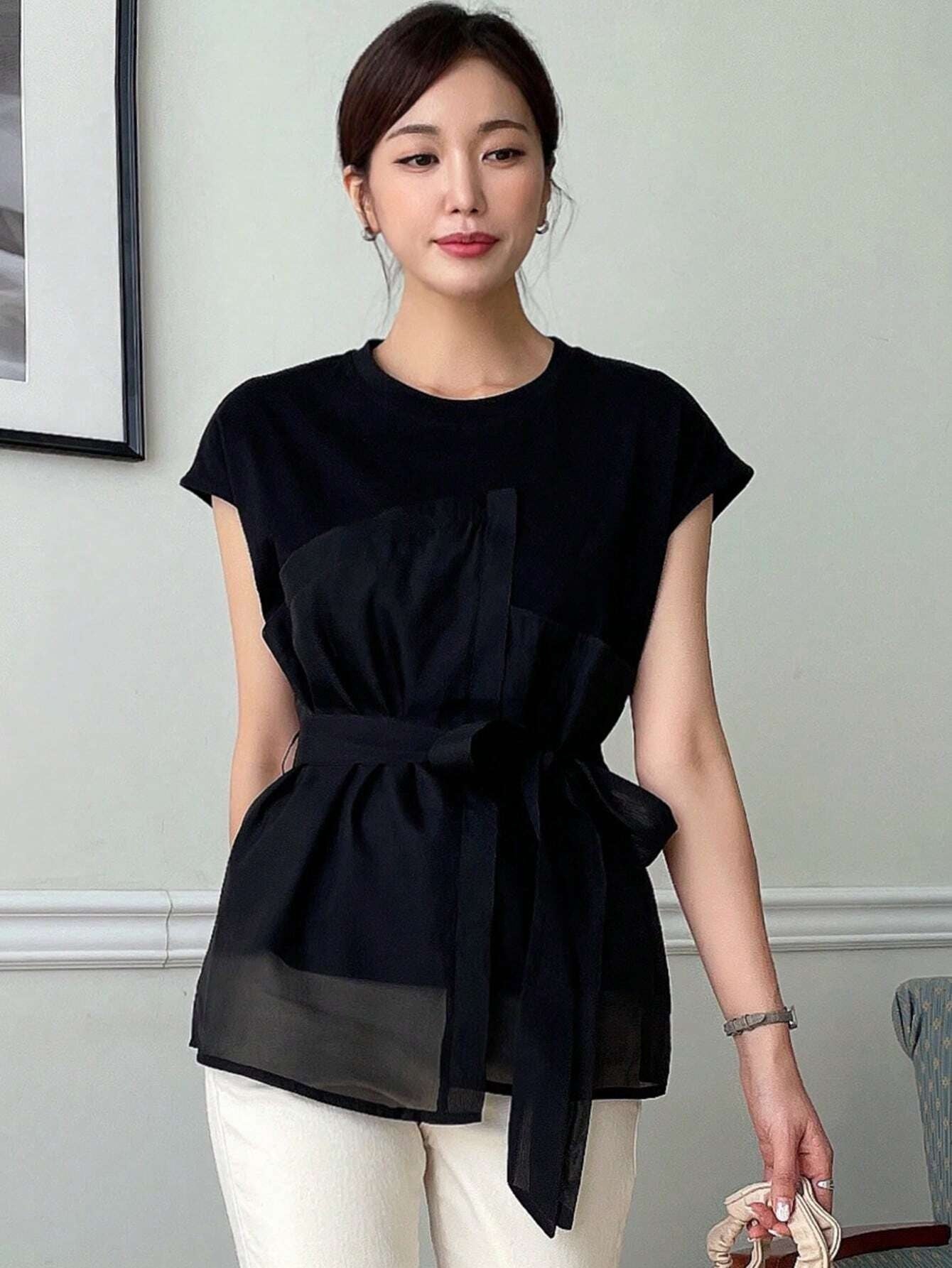 CM-TS603303 Women Casual Seoul Style Solid Belted Mesh Overlay Belted Tee - Black