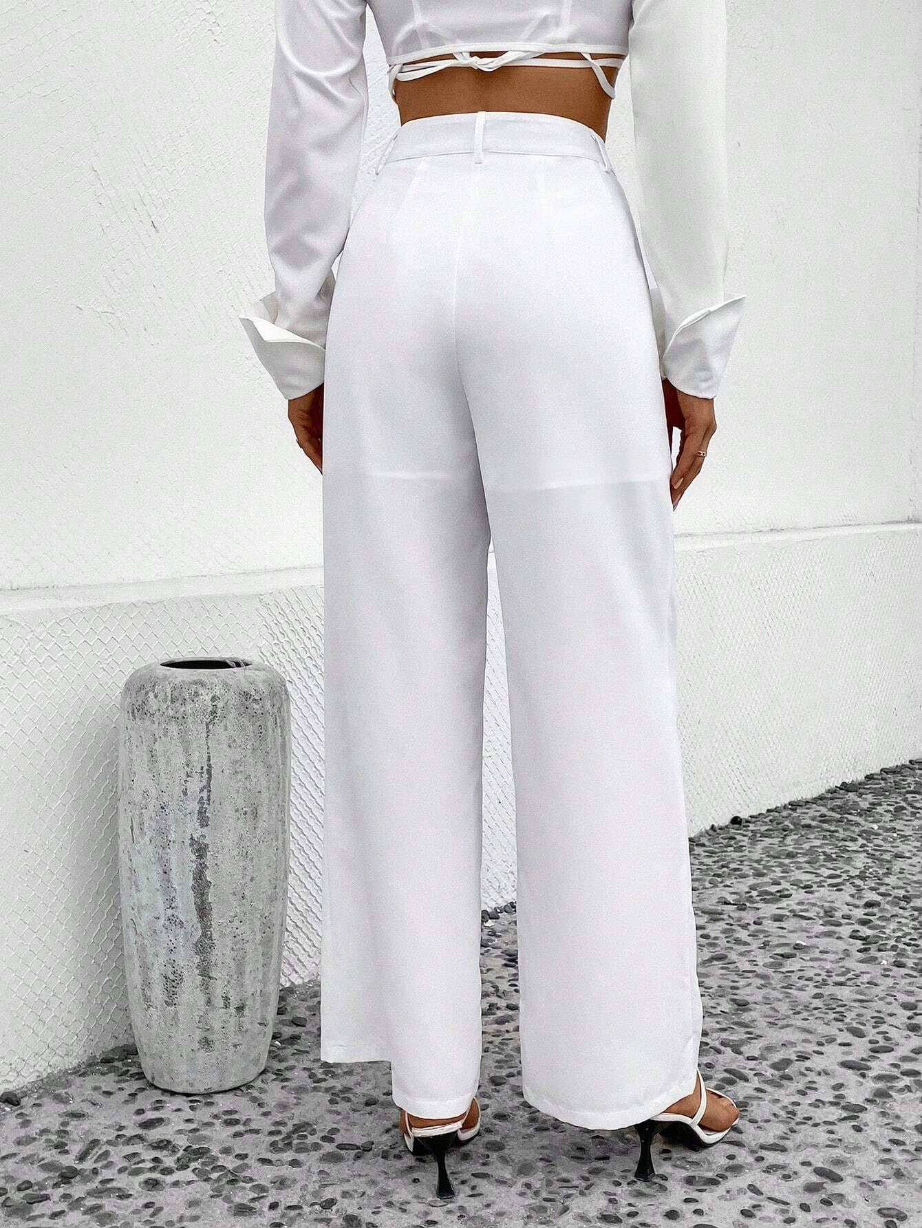 CM-BS351890 Women Elegant Seoul Style Solid Slant Pocket Wide Leg Pants - White