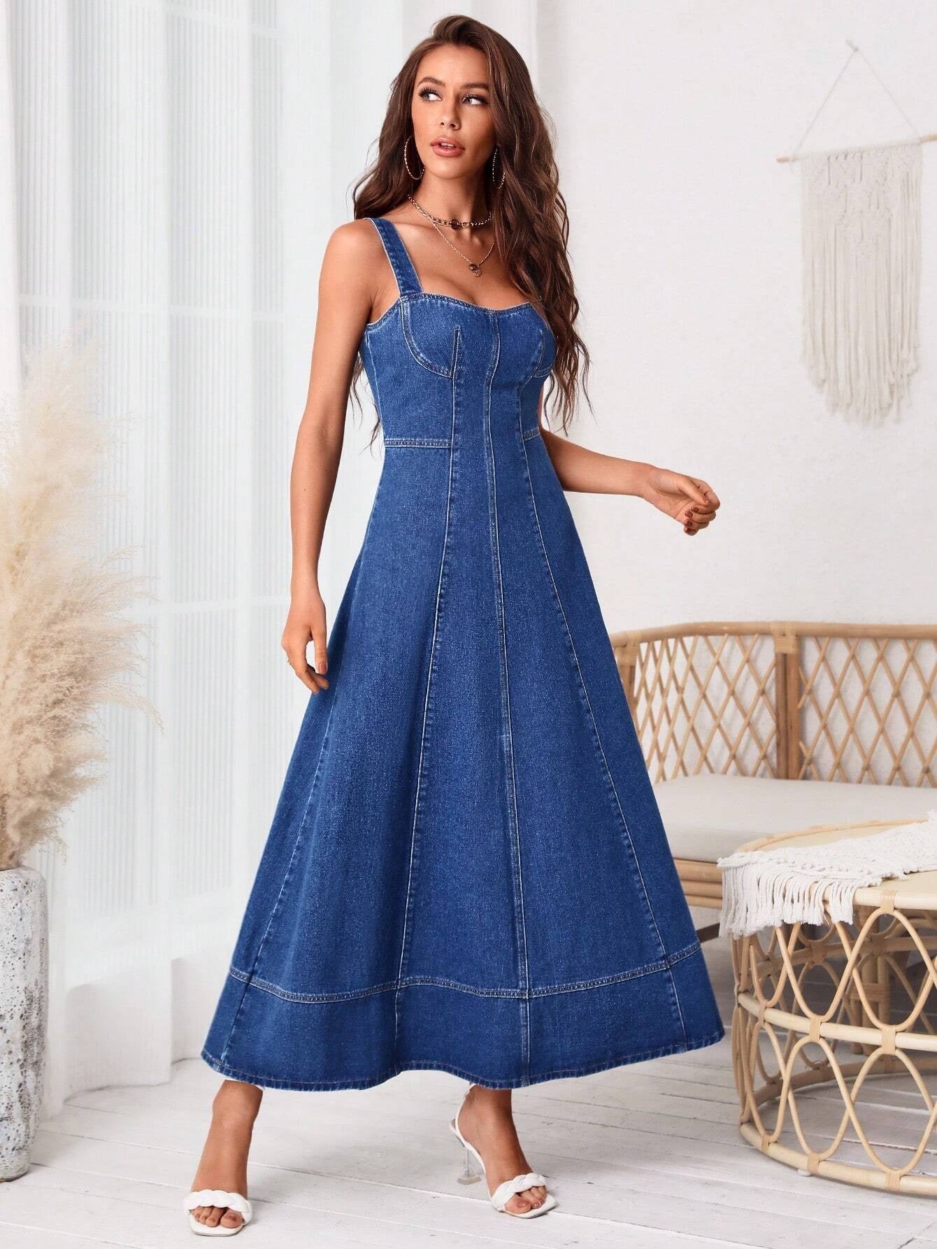 CM-DS764826 Women Casual Seoul Style Sleeveless Zip Back Cami Denim Dress