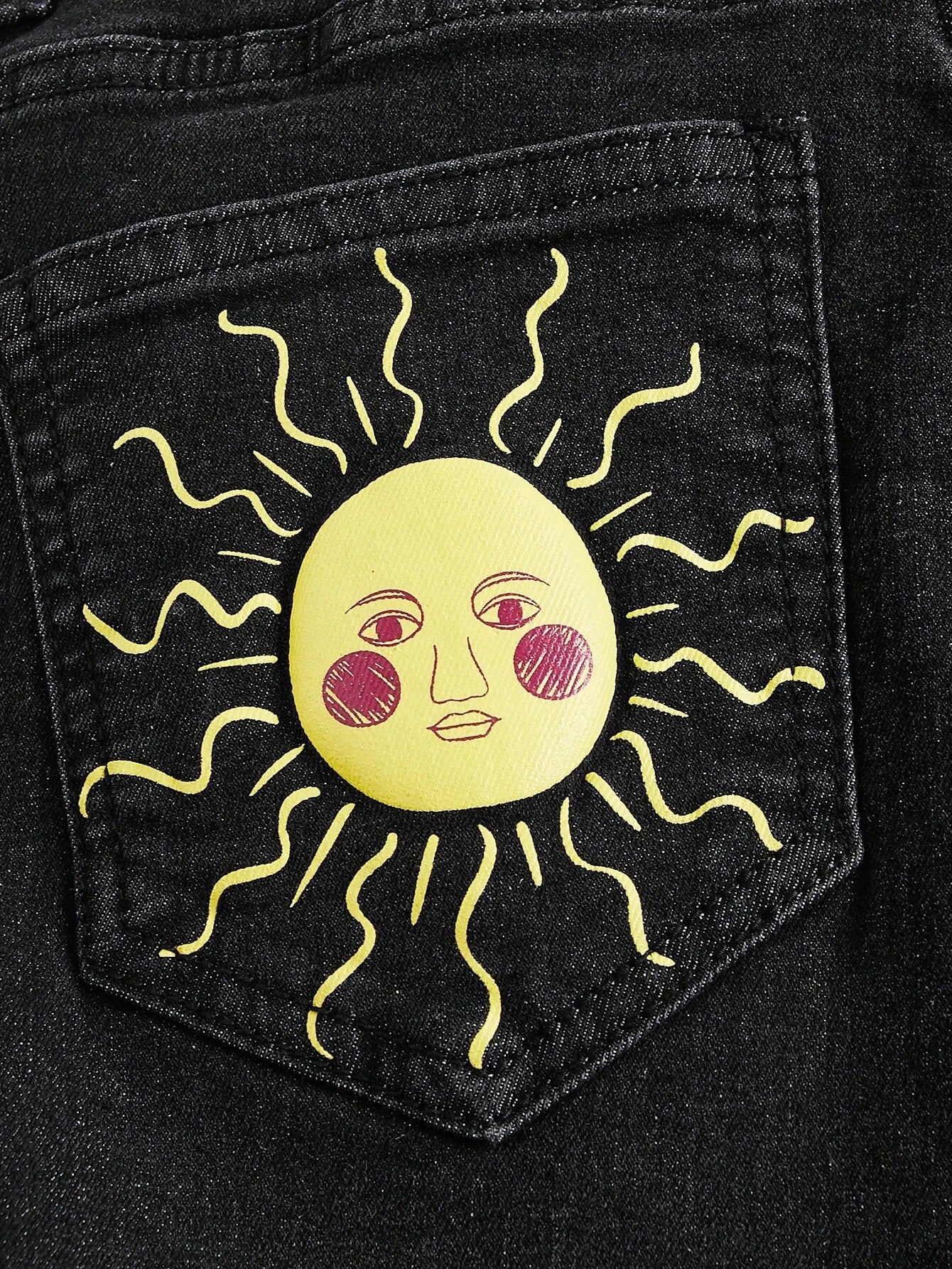CM-BS221124 Women Preppy Seoul Style Sun And Moon Graphic Flare Leg Jeans - Dark Gray