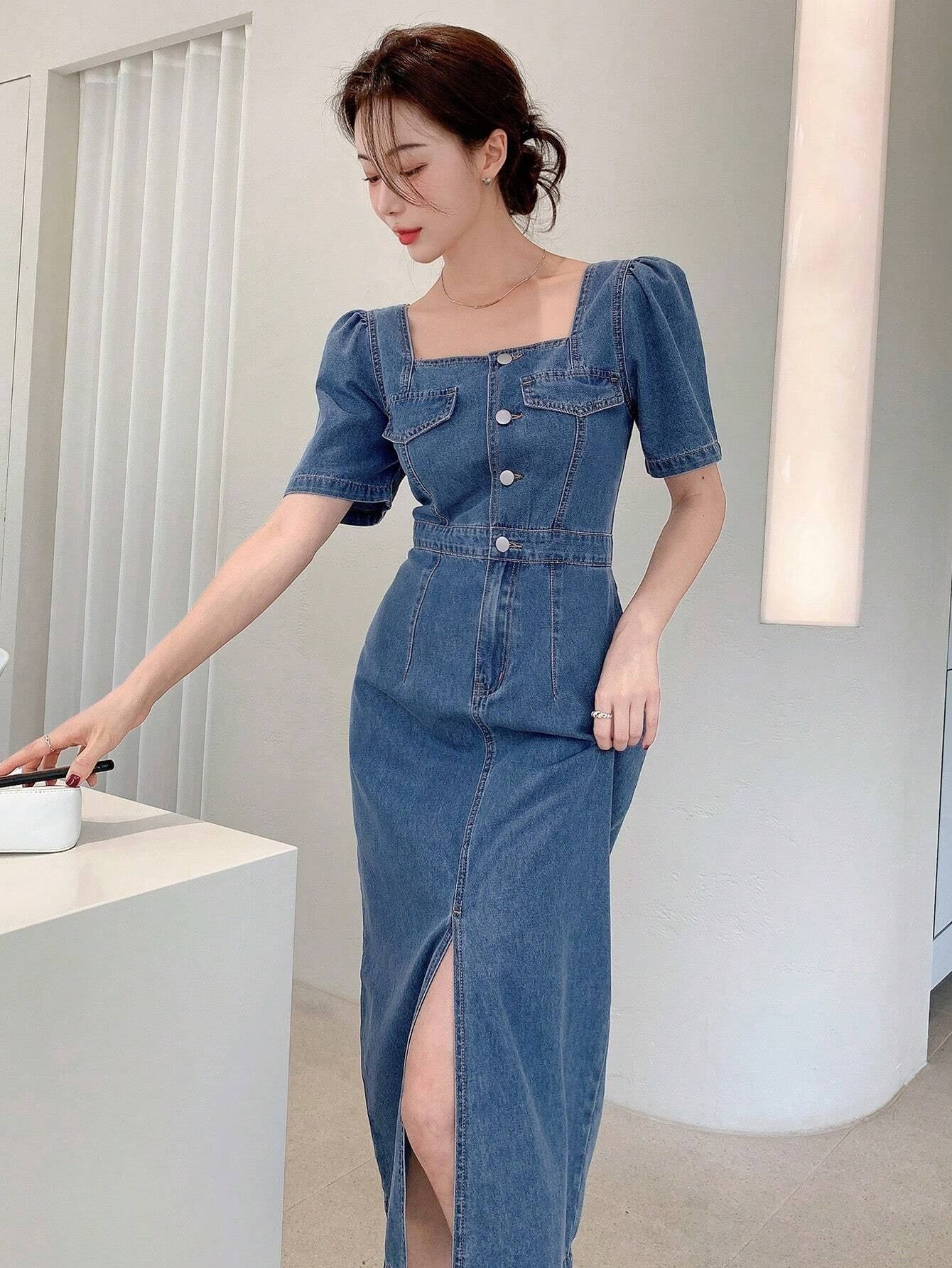 CM-DS907108 Women Casual Seoul Style Square Neck Button Front Split Thigh Denim Dress