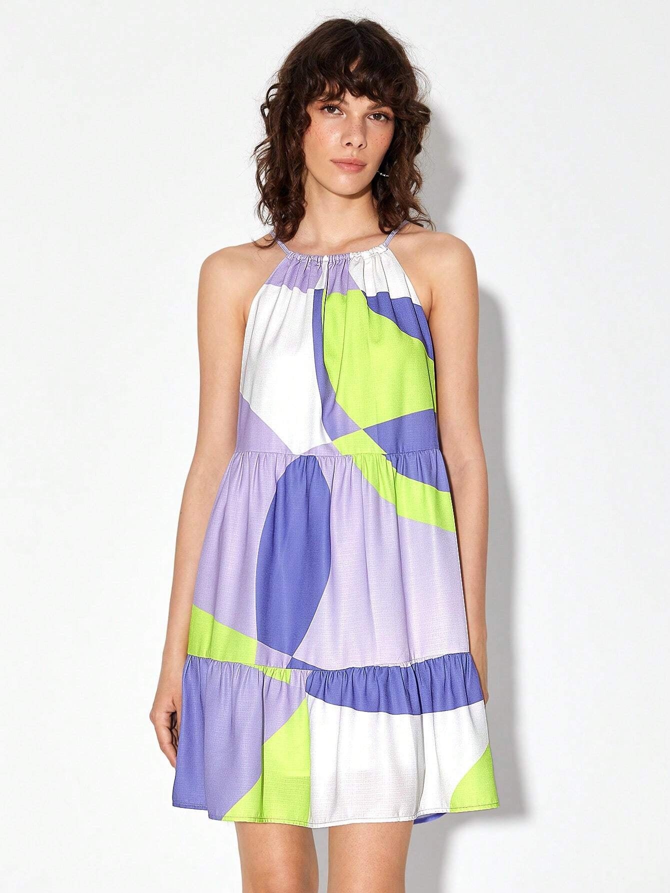 CM-DS824168 Women Casual Seoul Style Sleeveless Colorblock Ruffle Hem Cami Dress