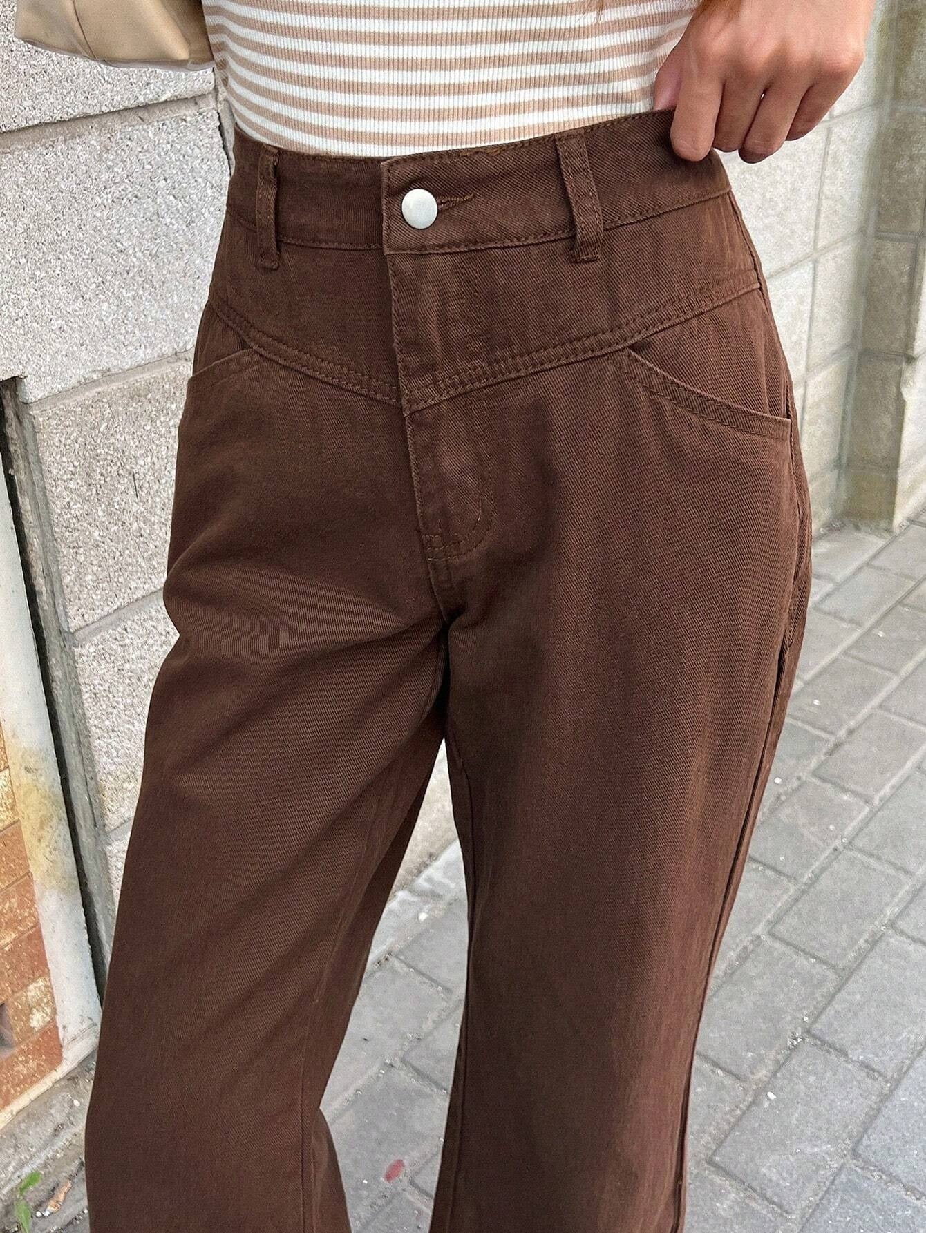 CM-BS292422 Women Casual Seoul Style Drop Waist Solid Flare Leg Jeans - Brown