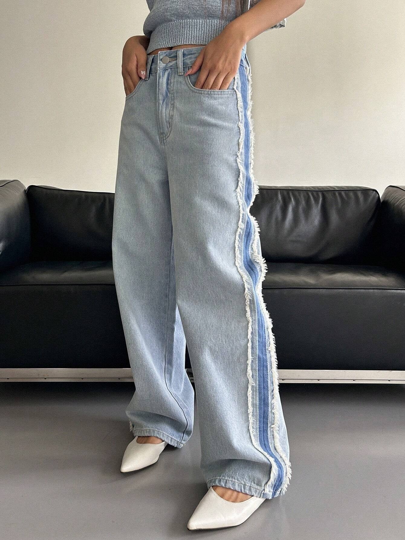 CM-BS152327 Women Preppy Seoul Style High Waist Contrast Side Seam Straight Leg Jeans