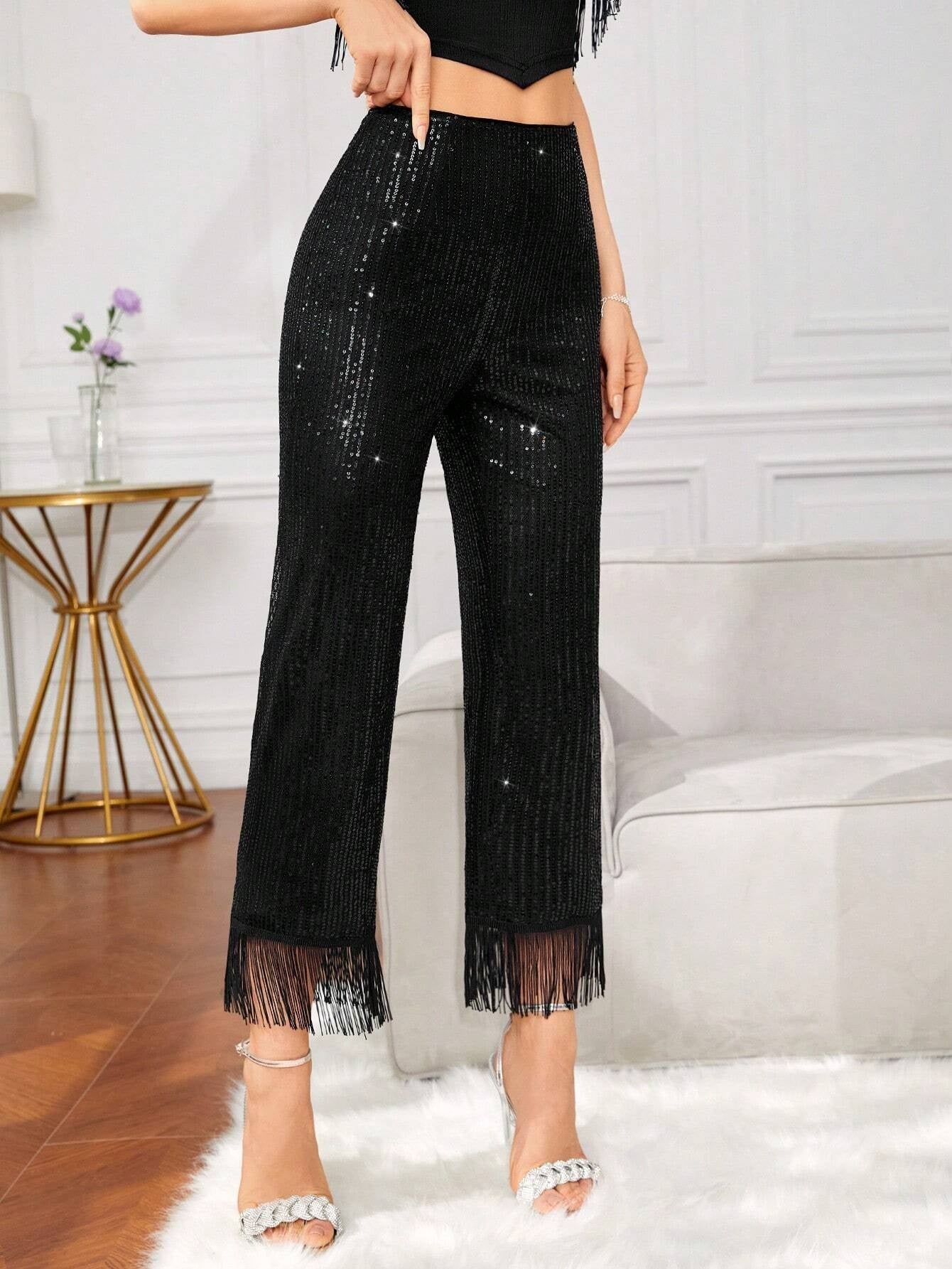 CM-BS441024 Women Elegant Seoul Style High Waist Fringe Hem Sequin Flare Leg Pants