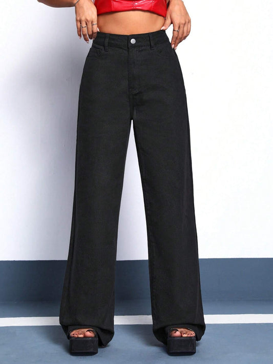 CM-BS066776 Women Casual Seoul Style Solid Wide Leg Jeans - Black