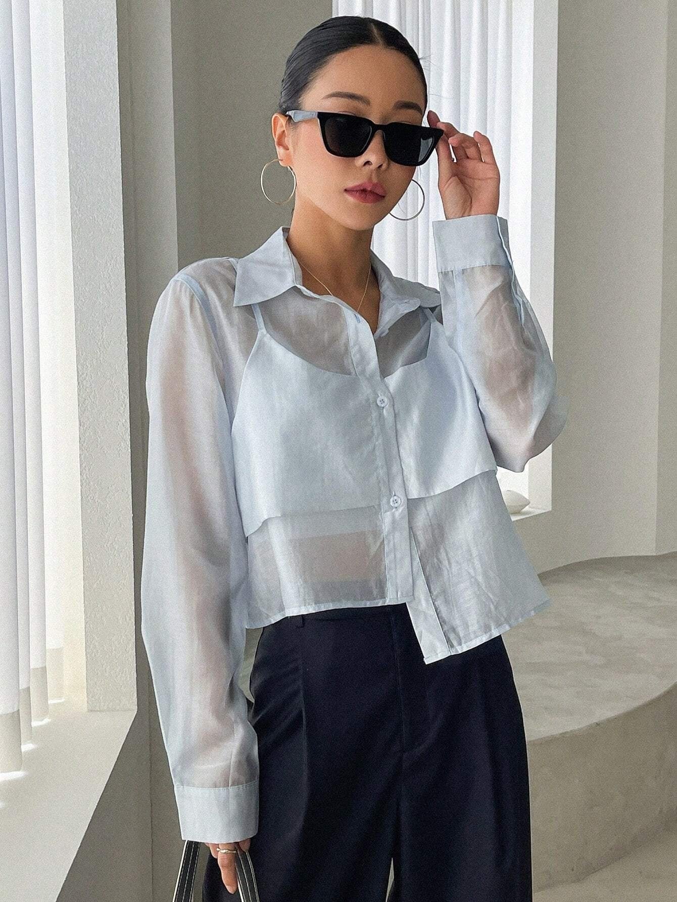 CM-TS399777 Women Casual Seoul Style Solid Button Front 2 In 1 Shirt - Baby Blue