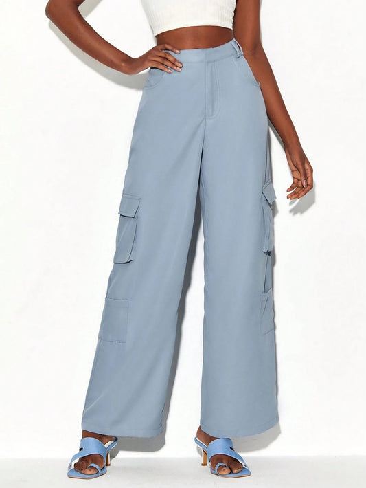 CM-BS475371 Women Elegant Seoul Style Flap Pocket Side Cargo Pants - Baby Blue