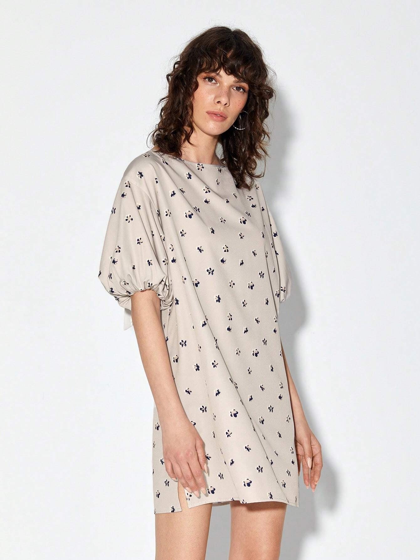 CM-DS442495 Women Casual Seoul Style Tie Back Allover Print Puff Sleeve Dress