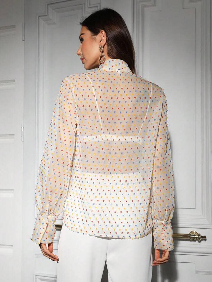 CM-TS349341 Women Elegant Seoul Style Swiss Dot Tie Neck Long-Sleeved Shirt