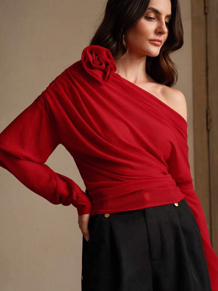CM-TS455567 Women Elegant Seoul Style Off the Shoulder 3D Floral Decoration Blouse - Burgundy