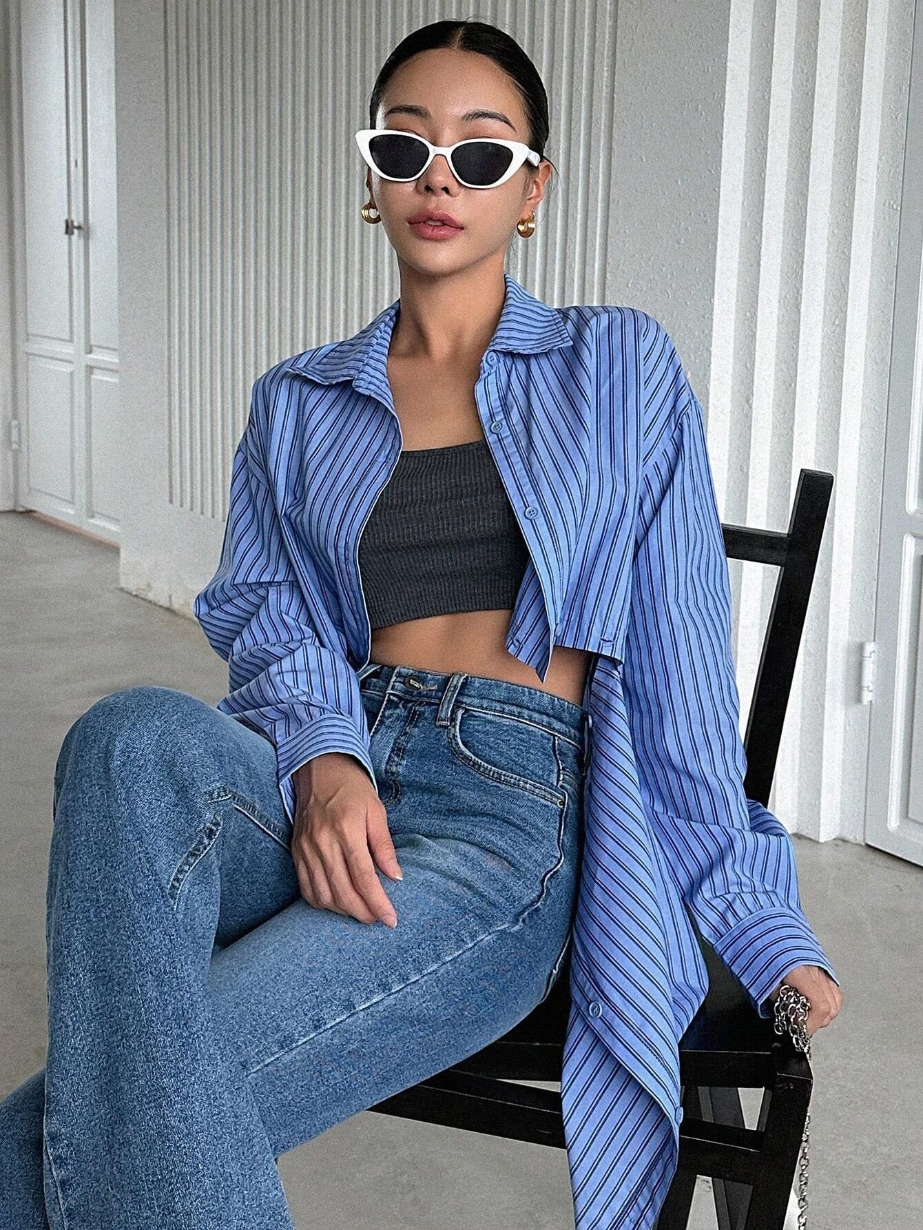 CM-TS536550 Women Casual Seoul Style Striped Print Button Front Shirt - Blue