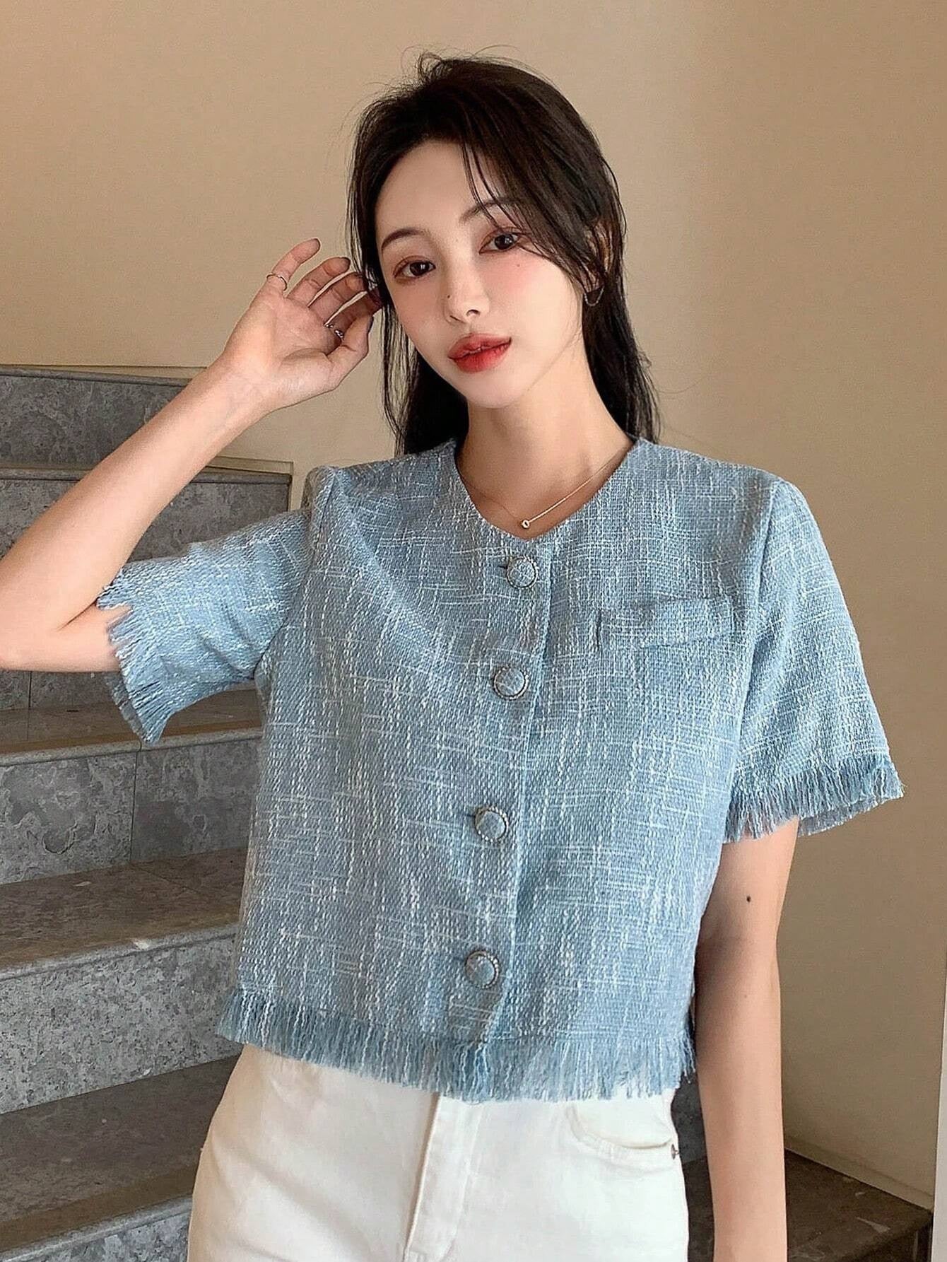 CM-TS652251 Women Casual Seoul Style Solid Button Front Raw Hem Crop Blouse - Dusty Blue