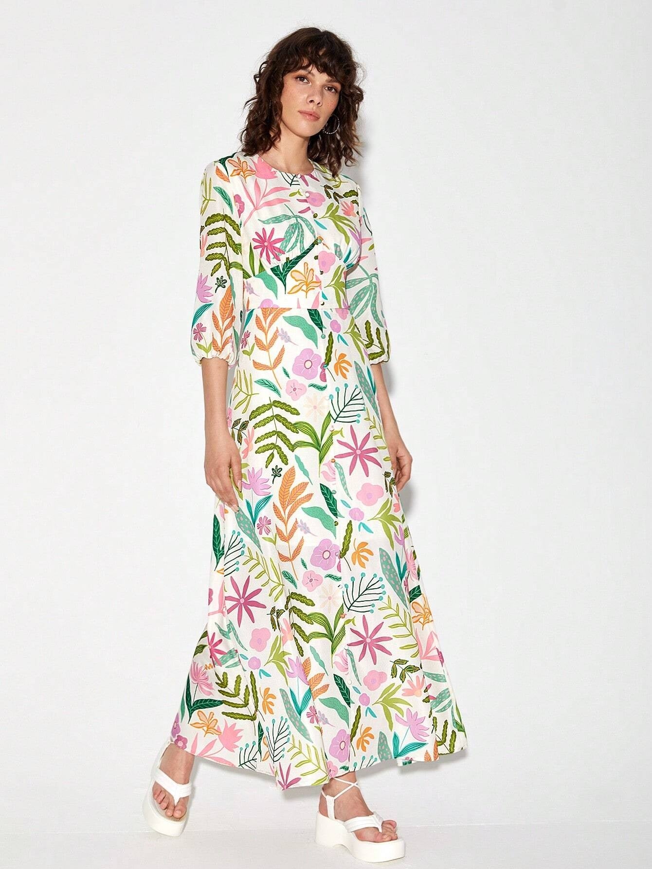 CM-DS117109 Women Trendy Bohemian Style Round Neck Floral Print A-Line Dress