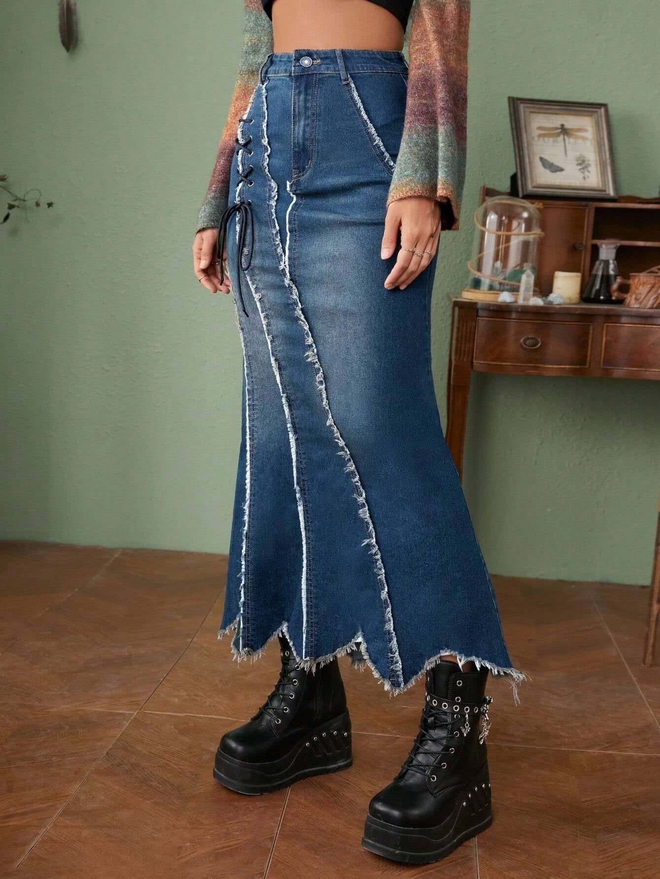 CM-BS239811 Women Preppy Seoul Style Lace Up Front Raw Trim Mermaid Hem Denim Skirt