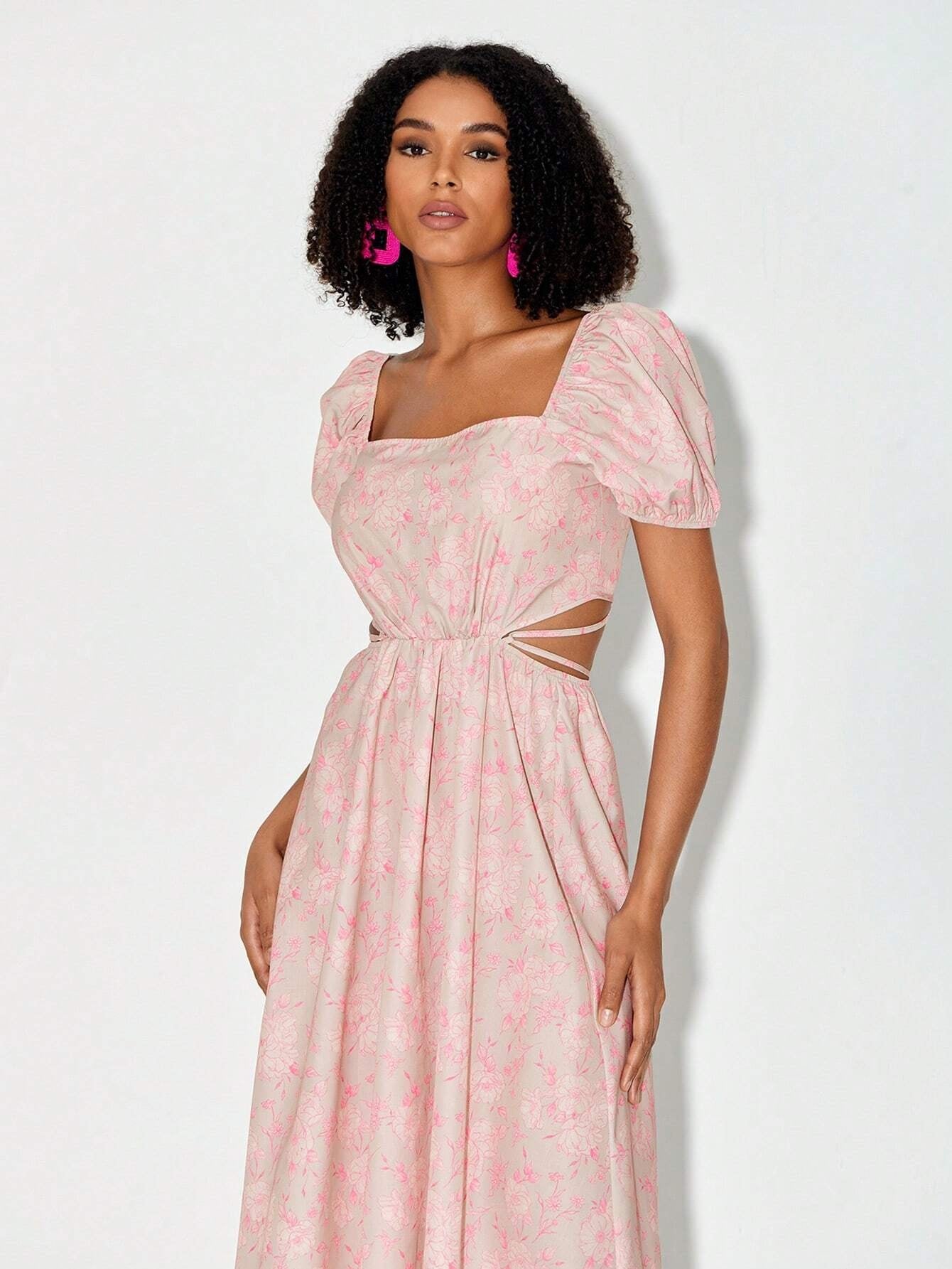 CM-DS217040 Women Casual Seoul Style Floral Print Cut Out Waist Puff Sleeve Tie Backless Dress