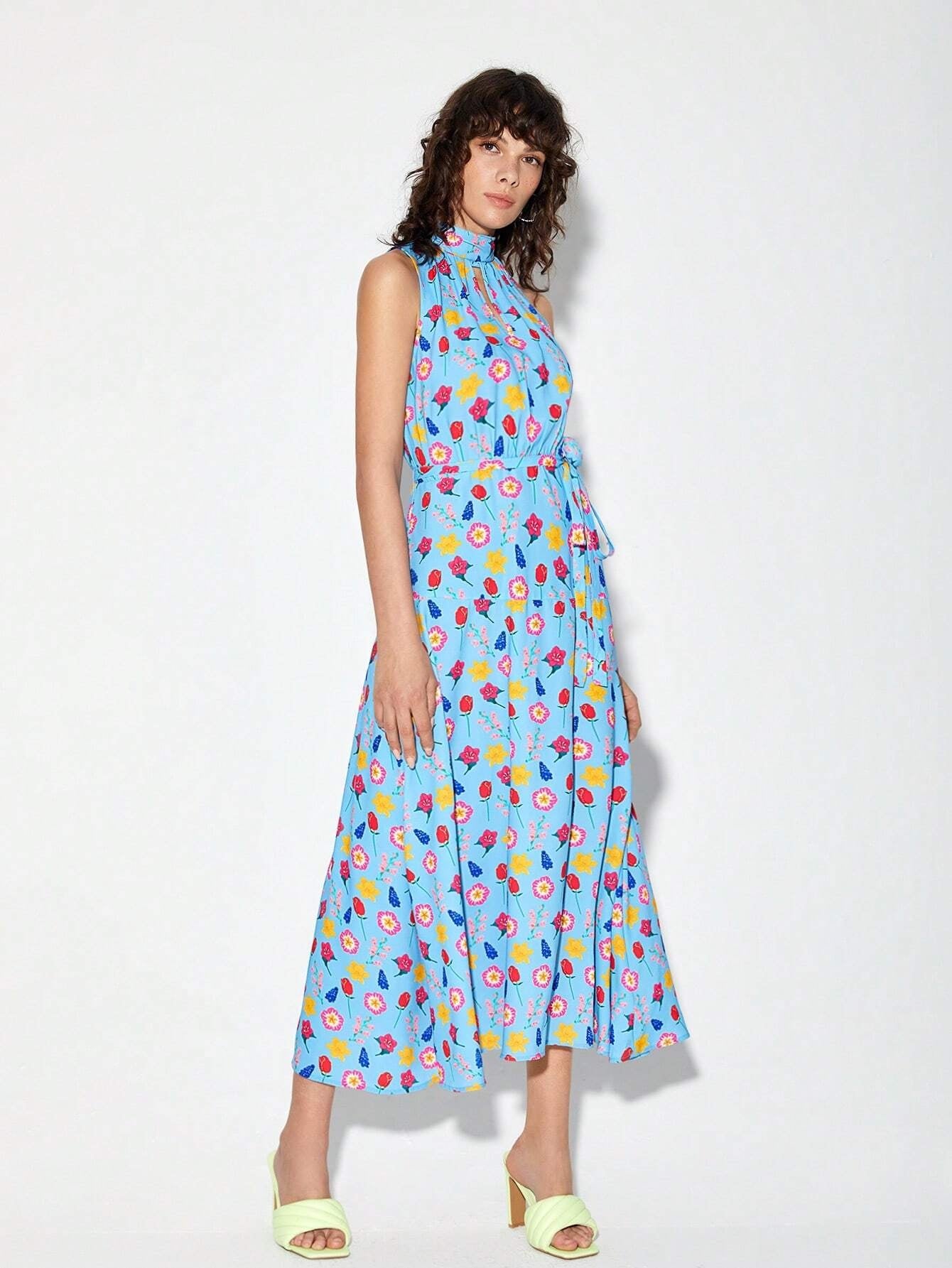 CM-DS611414 Women Trendy Bohemian Style Allover Print Mock Neck Belted Dress