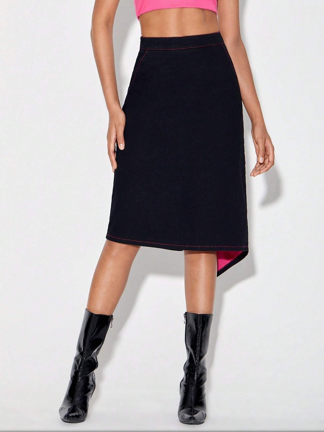CM-BS396672 Women Casual Seoul Style Solid High Waist Asymmetrical Denim Skirt - Black
