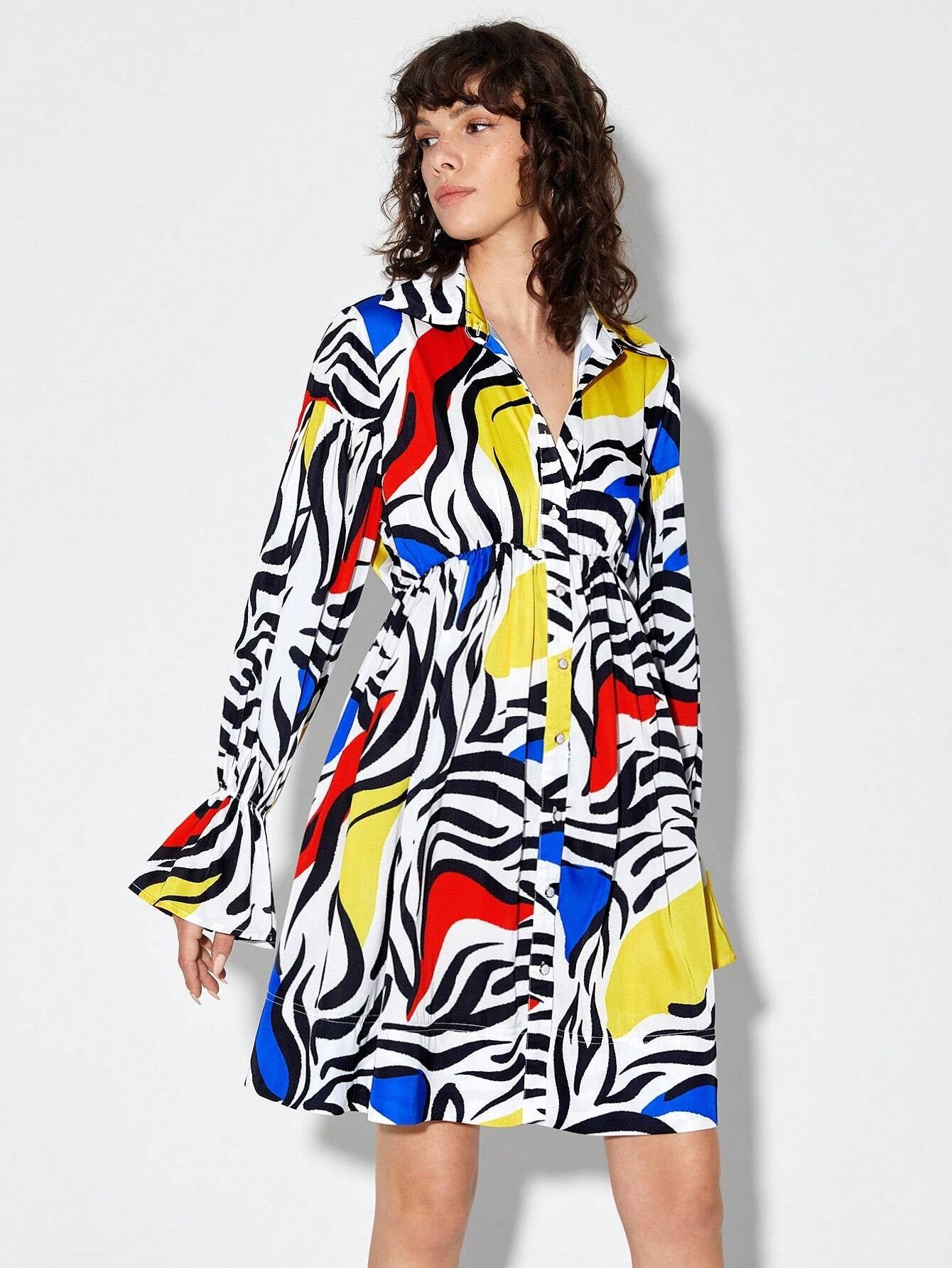 CM-DS929056 Women Casual Seoul Style Allover Print Flounce Sleeve Shirt Dress