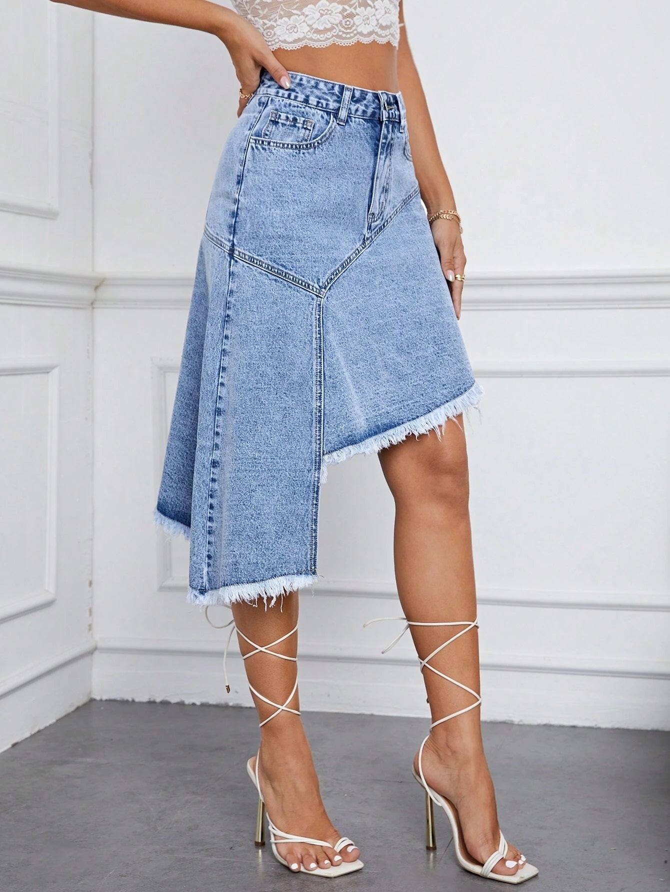 CM-BS359049 Women Casual Seoul Style High Waist Raw Trim Asymmetrical Hem Denim Skirt
