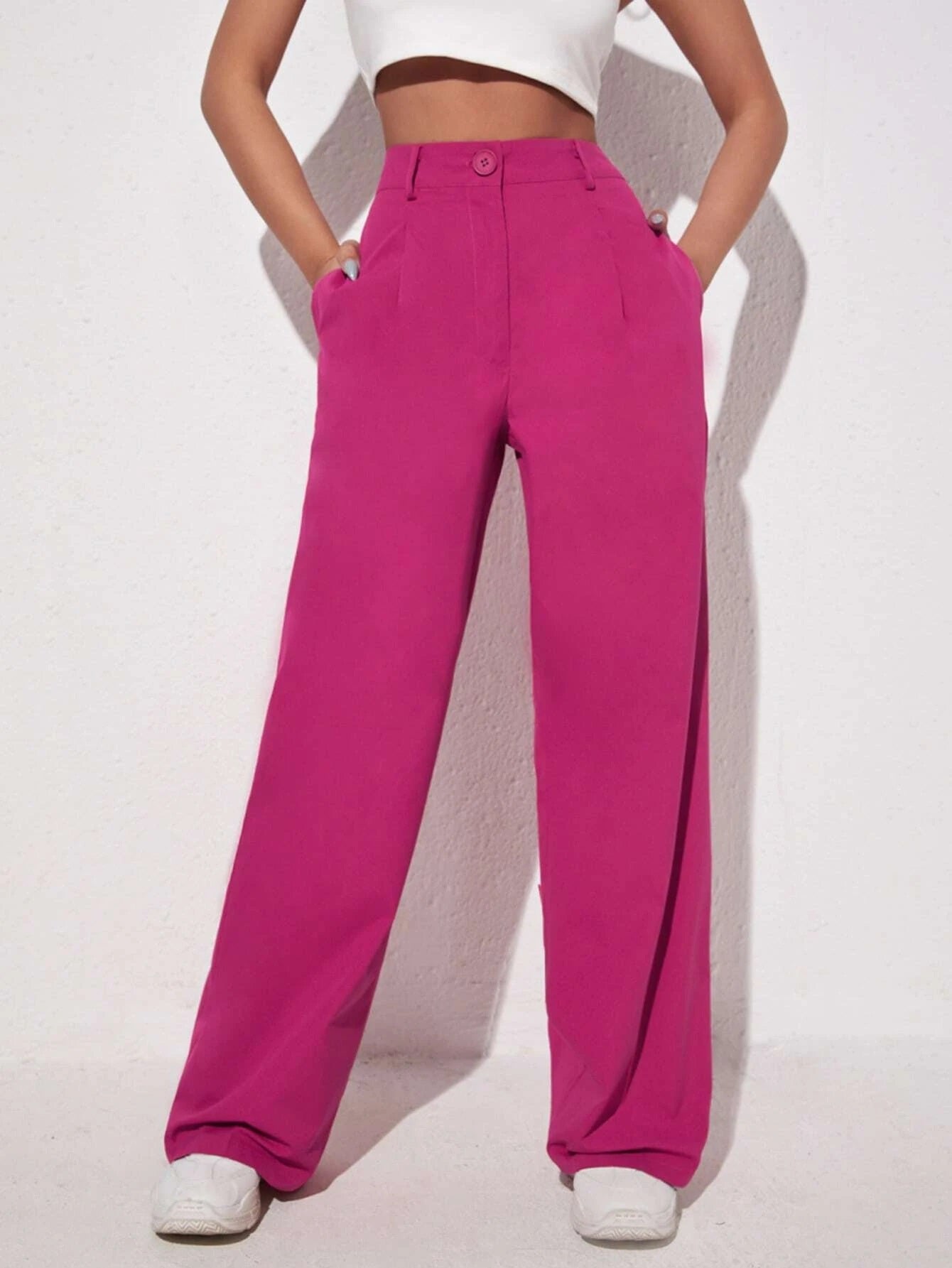 CM-BS308235 Women Elegant Seoul Style Solid Slant Pocket Wide Leg Pants - Hot Pink