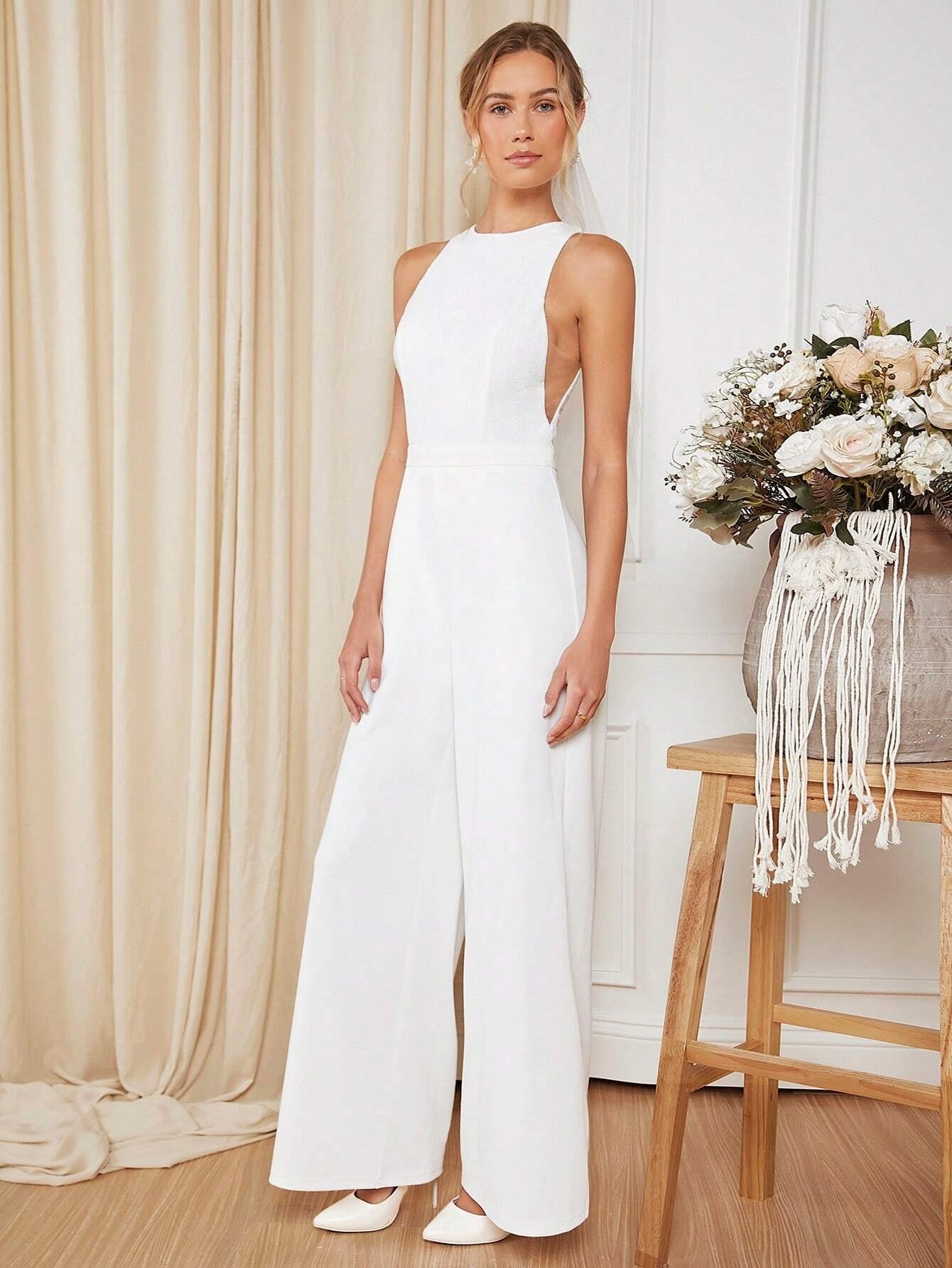 CM-JS889597 Women Elegant Seoul Style Round Neck Sleeveless Solid Wide Leg Jumpsuit - White