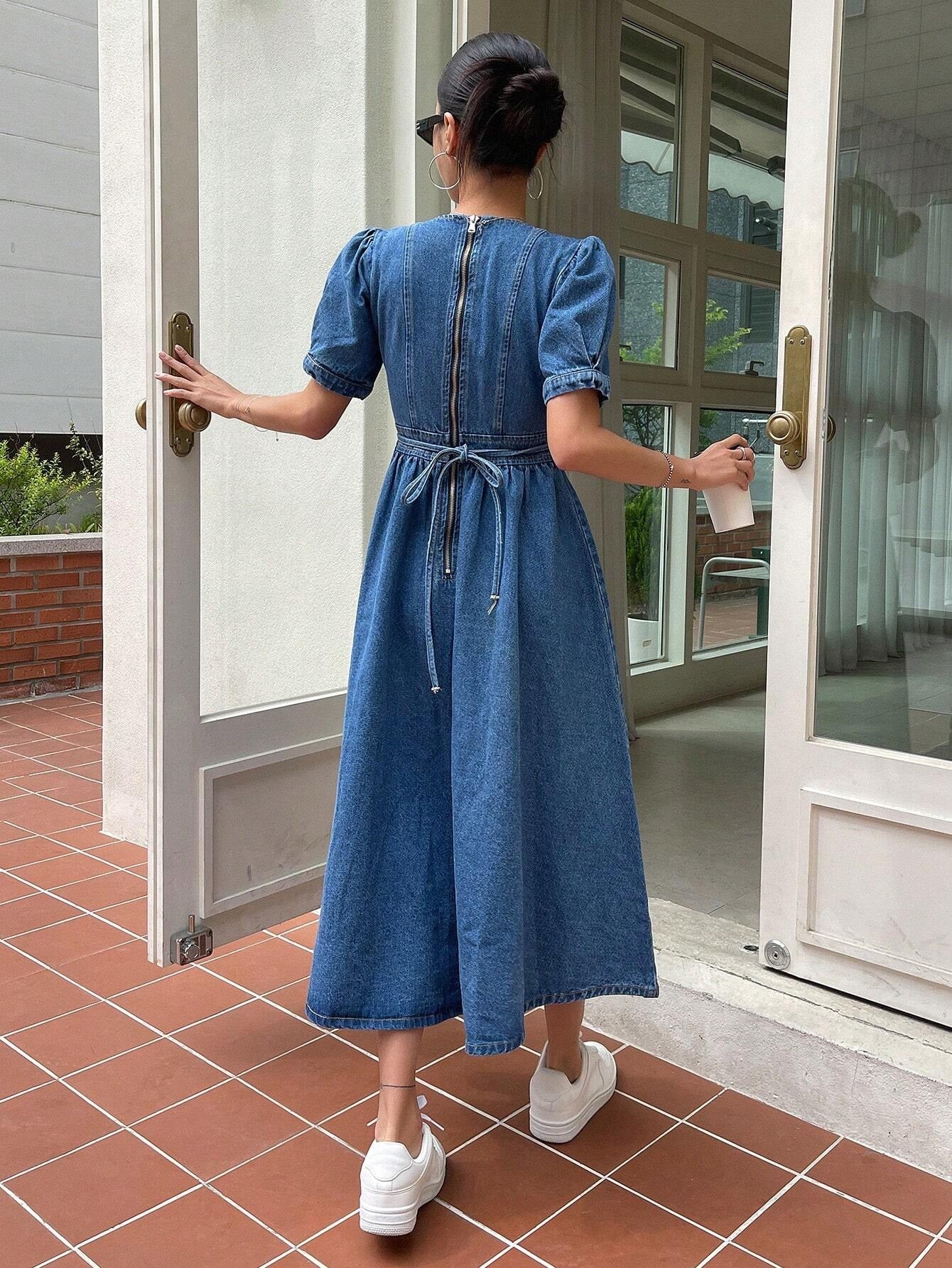 CM-DS832025 Women Casual Seoul Style Medium Wash Square Neck Puff Sleeve A-Line Denim Dress