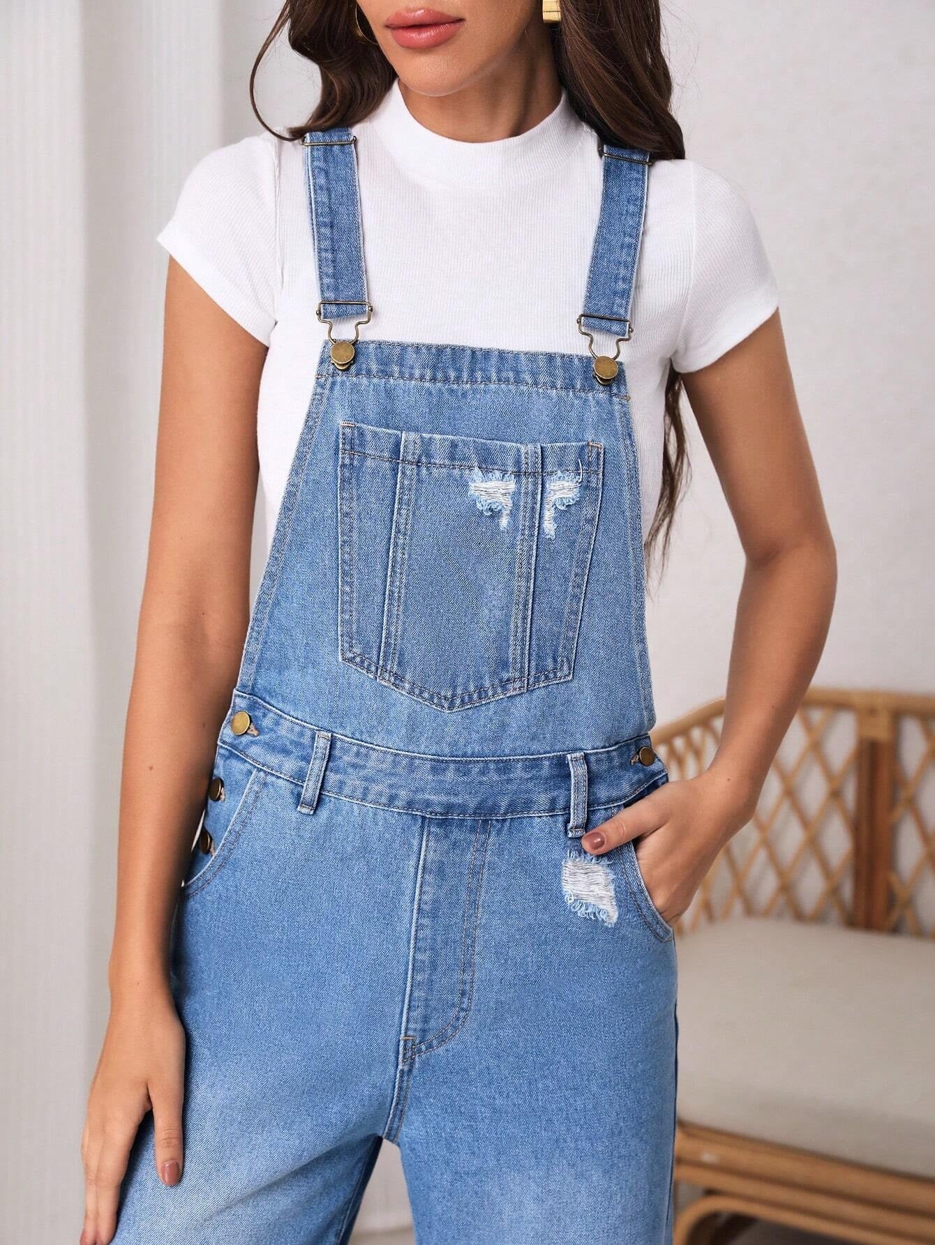 CM-JS769997 Women Preppy Seoul Style Medium Wash Ripped Wide Leg Denim Overalls