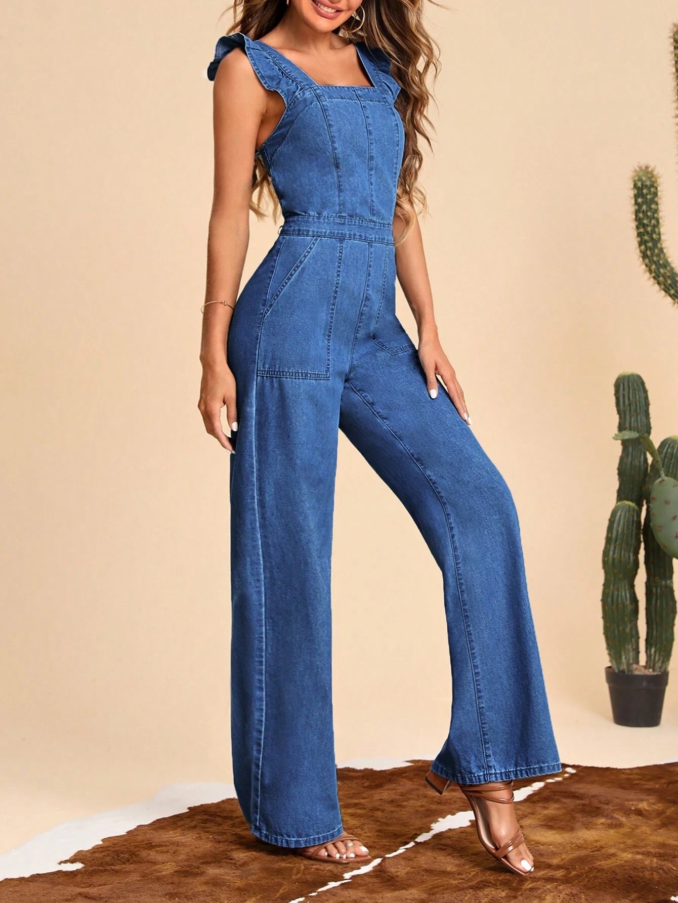 CM-JS741919 Women Preppy Seoul Style Dark Wash Ruffle Trim Wide Leg Denim Jumpsuit