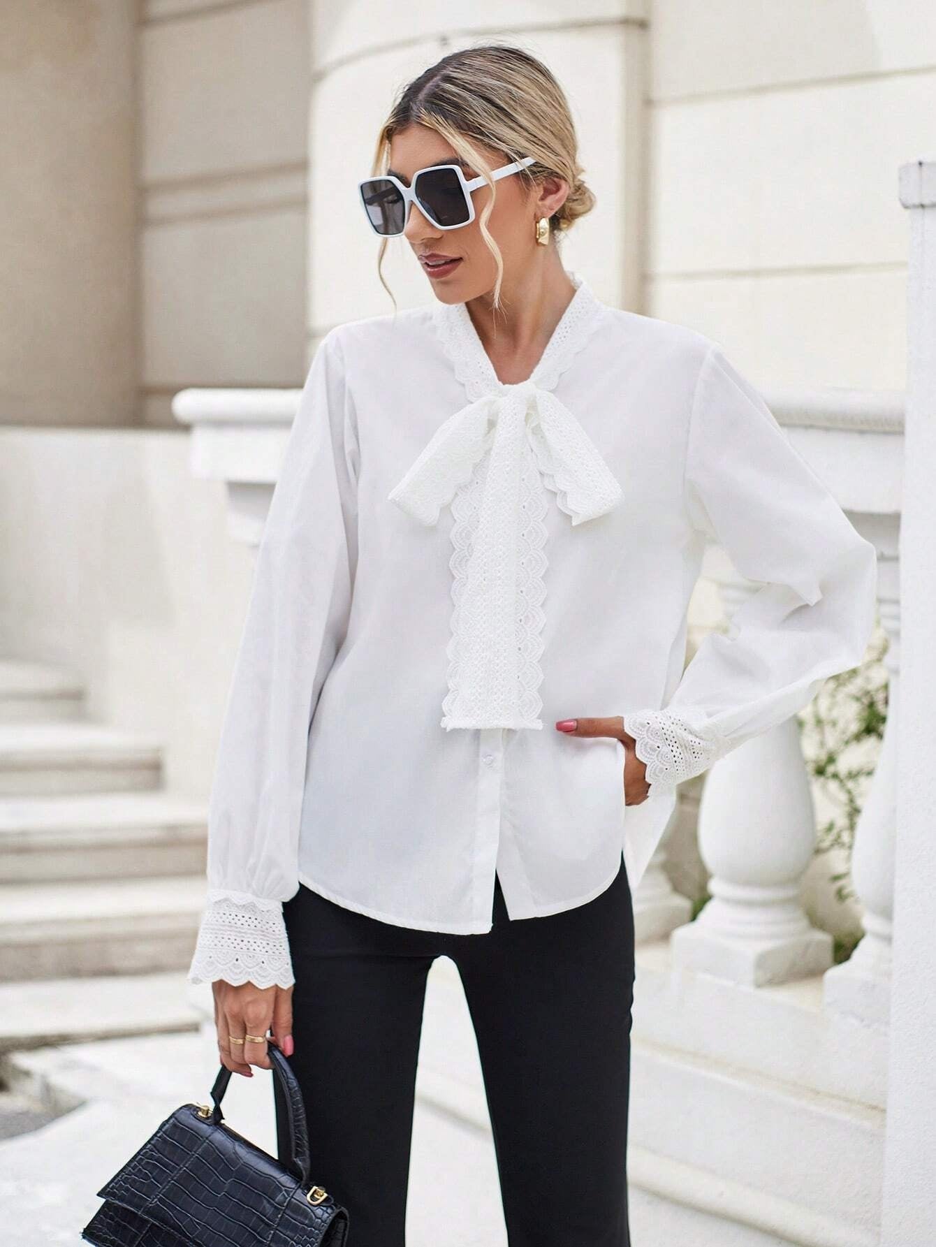 CM-TS305085 Women Elegant Seoul Style Tie Neck Lantern Sleeve Blouse - White