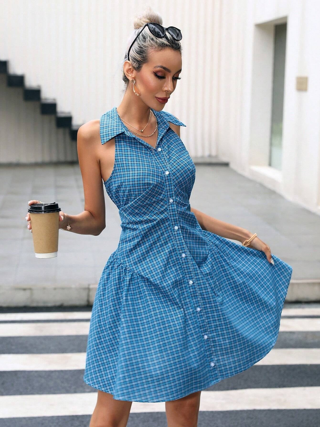 CM-DS867666 Women Casual Seoul Style Sleeveless Plaid Ruched Button Front Shirt Dress