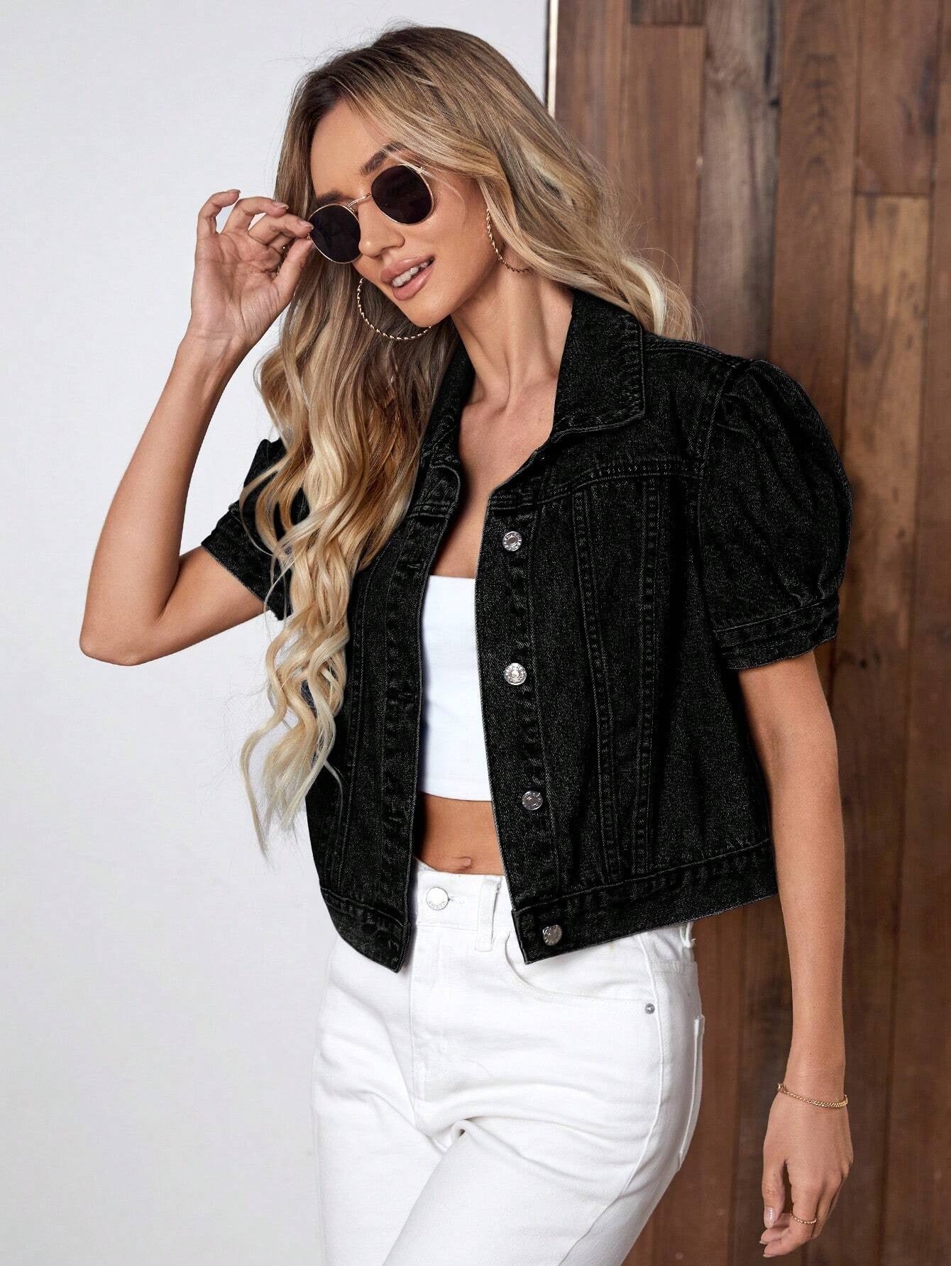 CM-CS351118 Women Casual Seoul Style Puff Sleeve Button Front Denim Jacket - Black