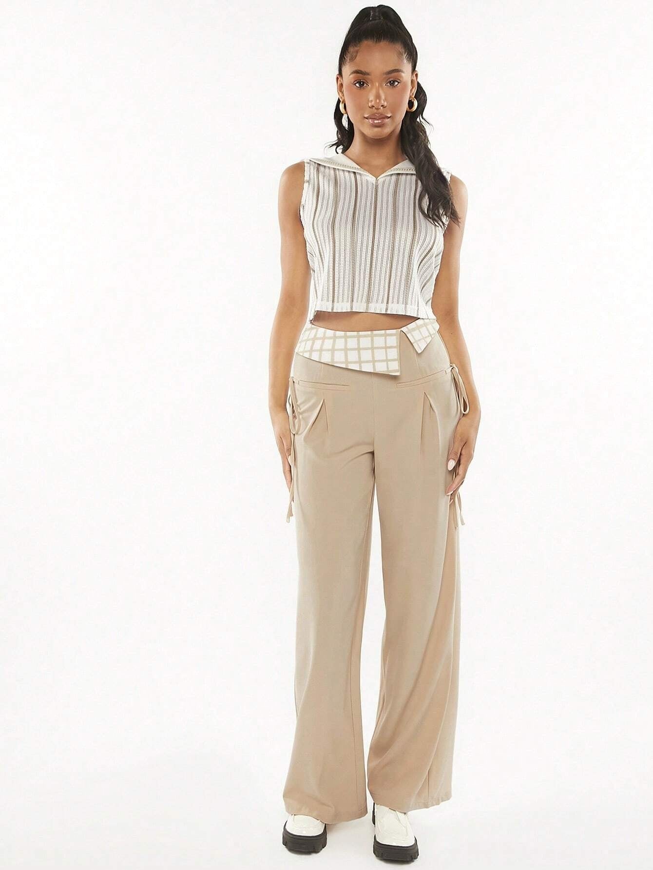 CM-BS972733 Women Casual Seoul Style Plaid Print Fold Pleated Detail Wide Leg Pants
